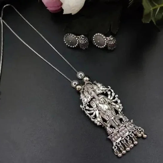 Oxidised Ganesha Chain Necklace With Jhumka Earrings - VibrantVeils Inc