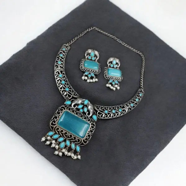 Antique Elephant Design Blue Hasali Necklace Set | Best Vintage Jewelry - VibrantVeils Inc