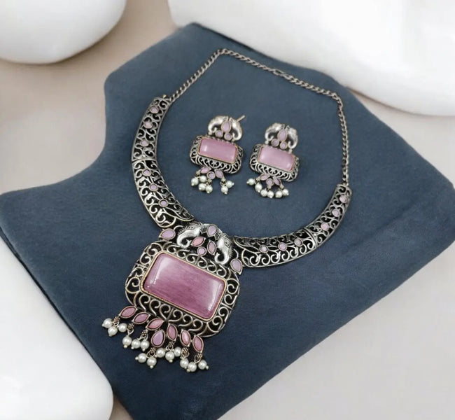 Antique Elephant Design Pink Hasali Necklace Set | Best Vintage Jewelry - VibrantVeils Inc