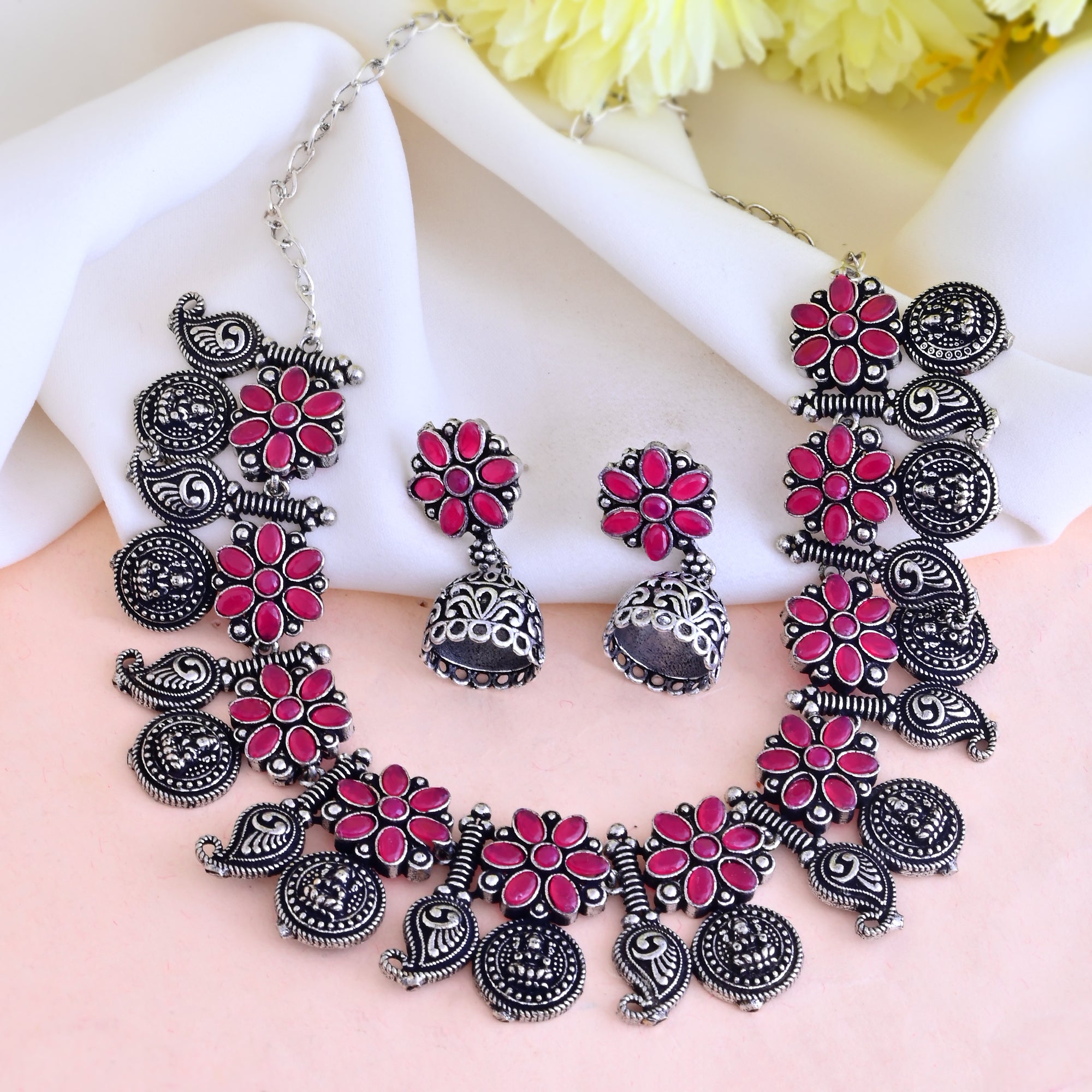 Vibrant Veils Oxidised Hand Made Silver Replica Nack Set with Jhumki