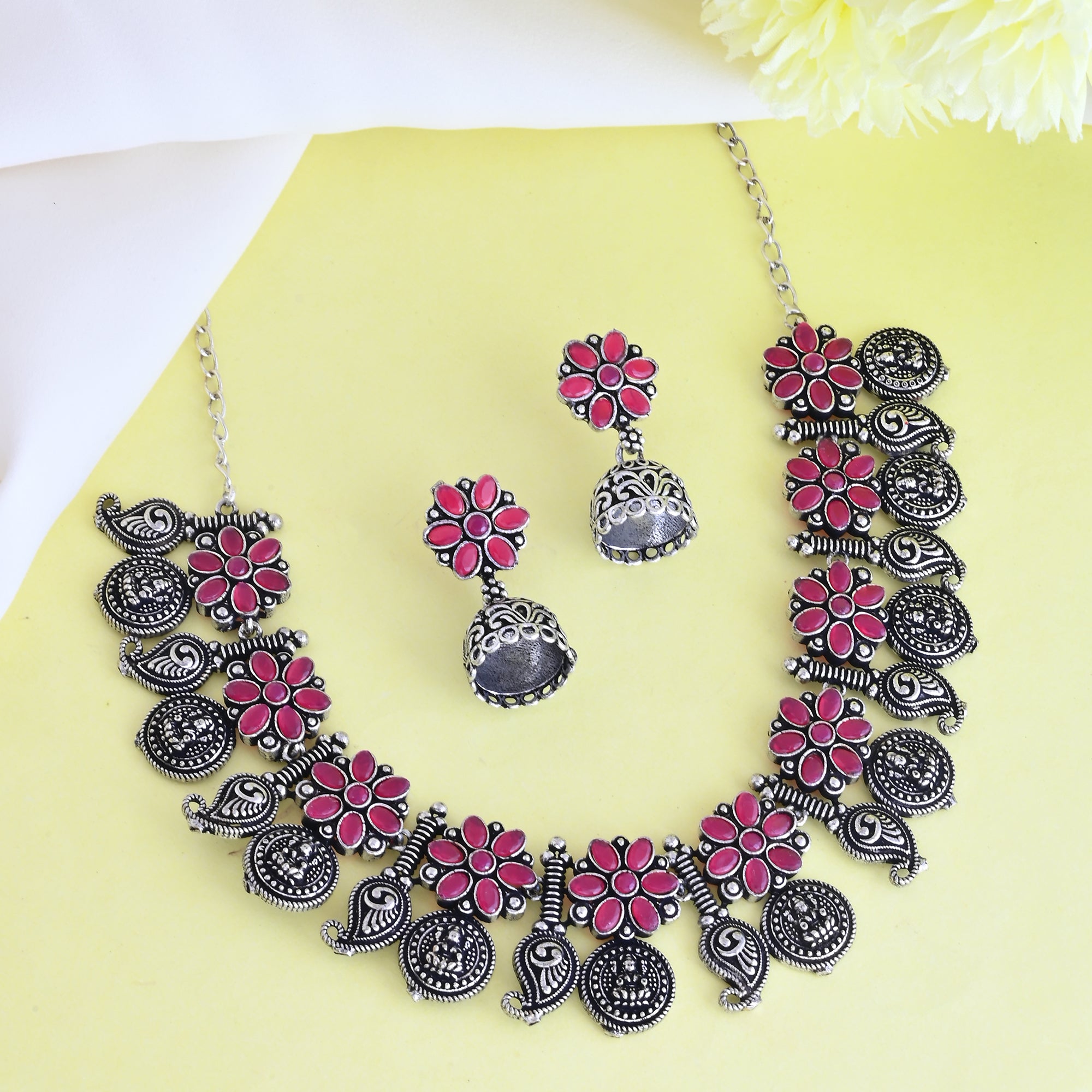 Vibrant Veils Oxidised Hand Made Silver Replica Nack Set with Jhumki