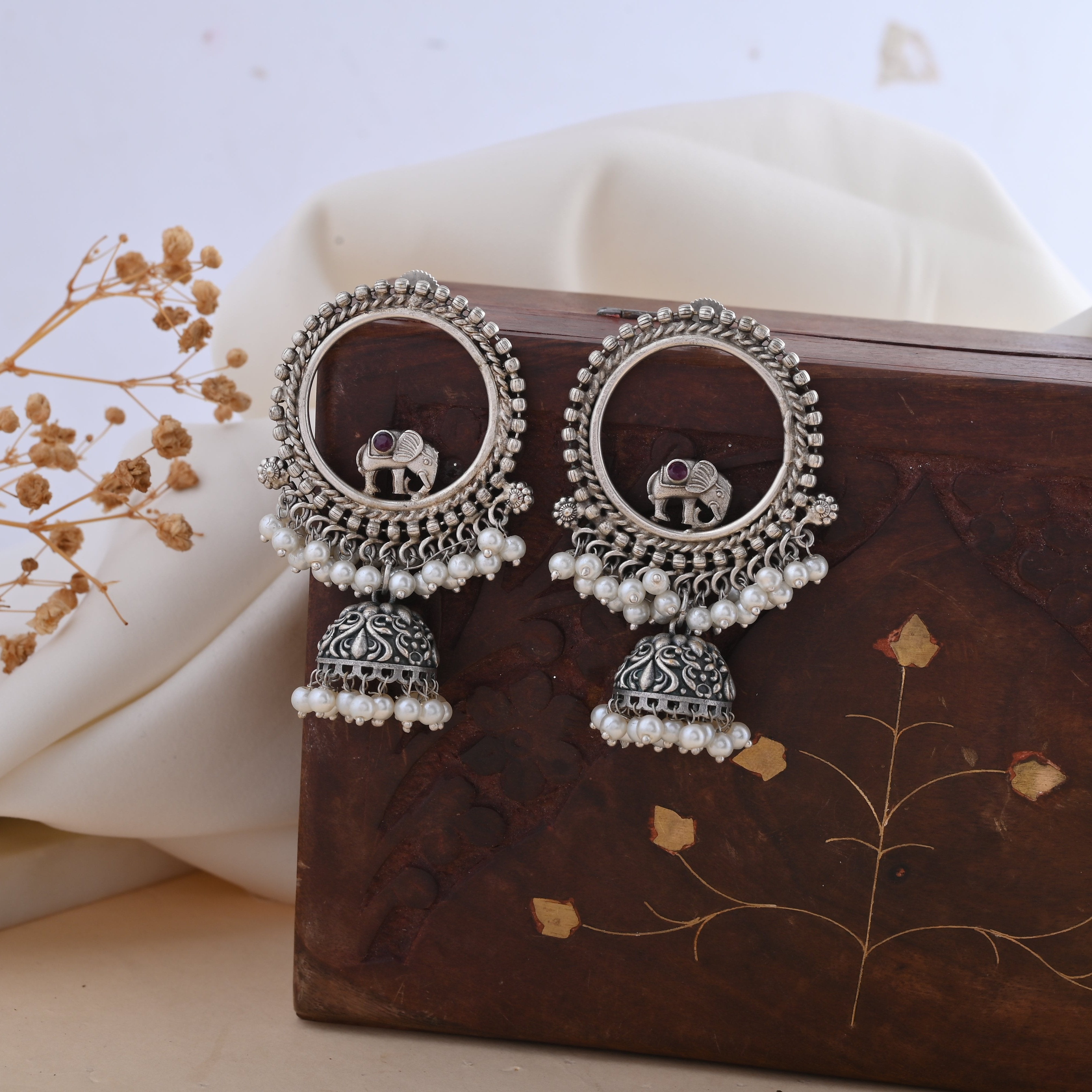 Vibrant Veils Hand Crafted Circled with Elephant Silver Replica Earing With Pearls