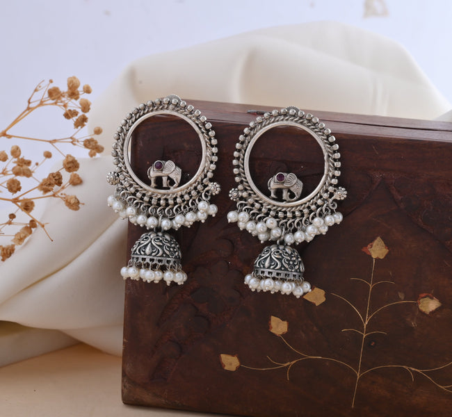 Vibrant Veils Hand Crafted Circled with Elephant Silver Replica Earing With Pearls