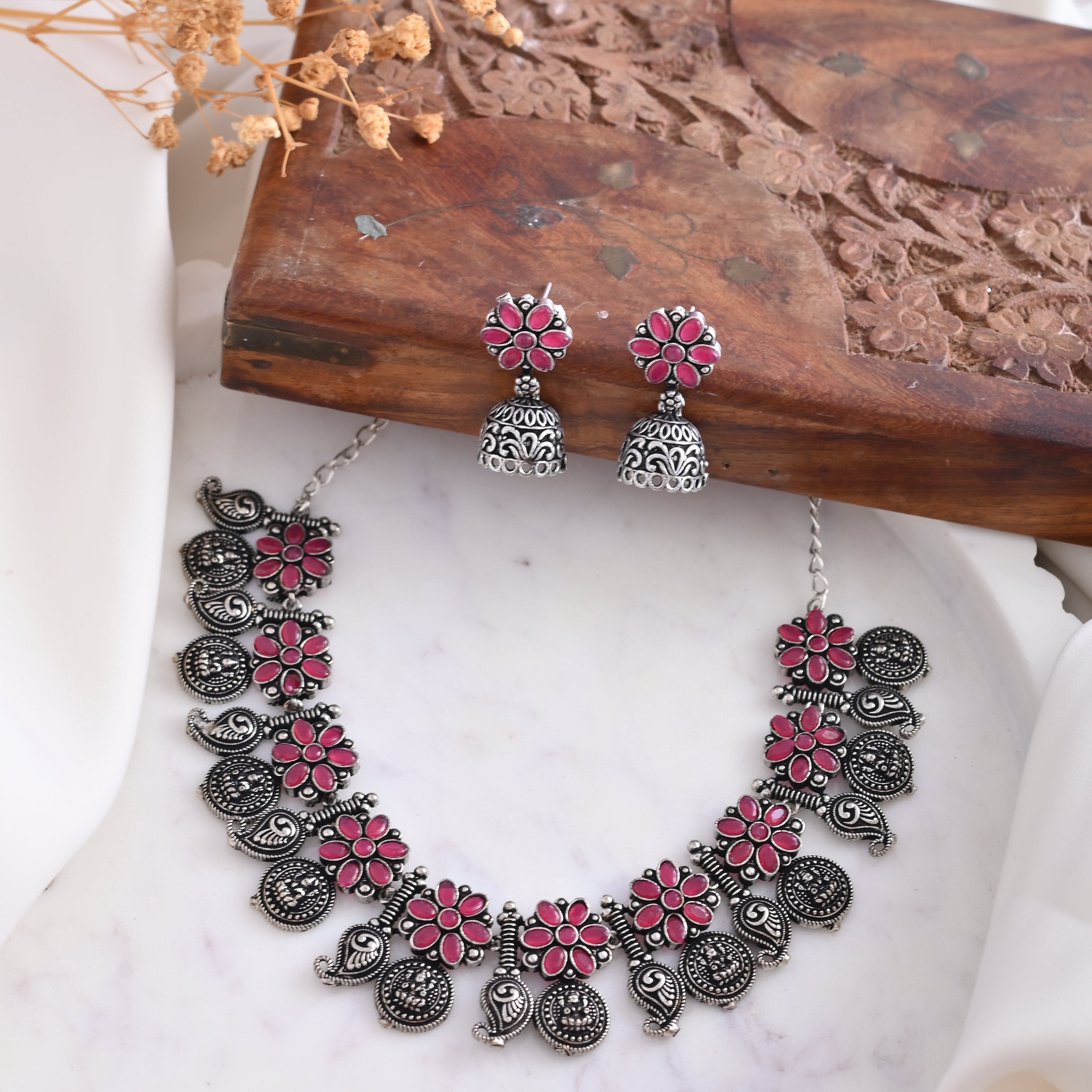 Vibrant Veils Oxidised Hand Made Silver Replica Nack Set with Jhumki