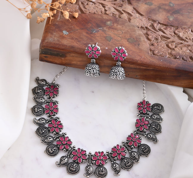 Vibrant Veils Oxidised Hand Made Silver Replica Nack Set with Jhumki