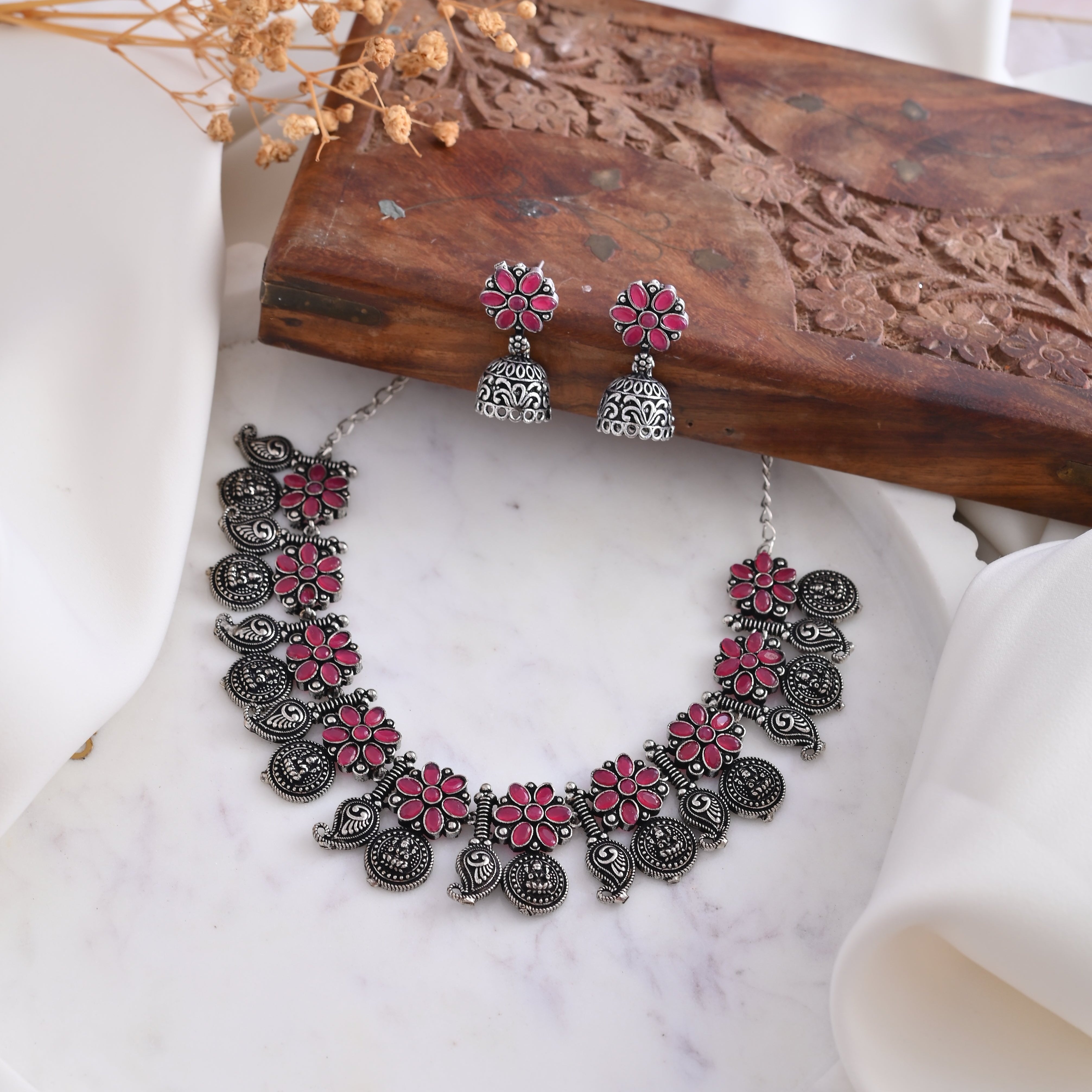 Vibrant Veils Oxidised Hand Made Silver Replica Nack Set with Jhumki