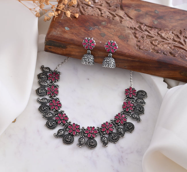 Vibrant Veils Oxidised Hand Made Silver Replica Nack Set with Jhumki