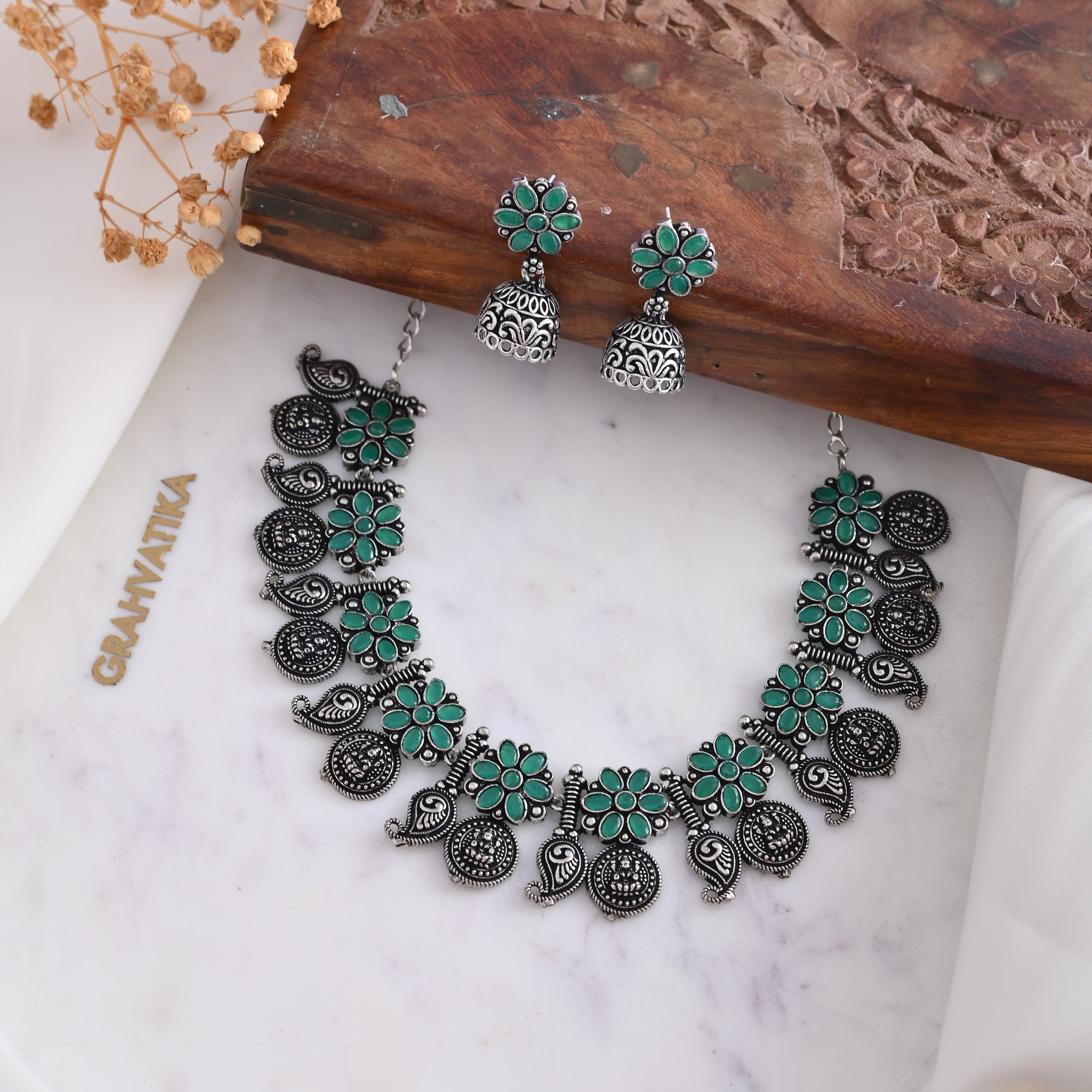 Vibrant Veils Oxidised Hand Made Silver Replica Nack Set with Jhumki