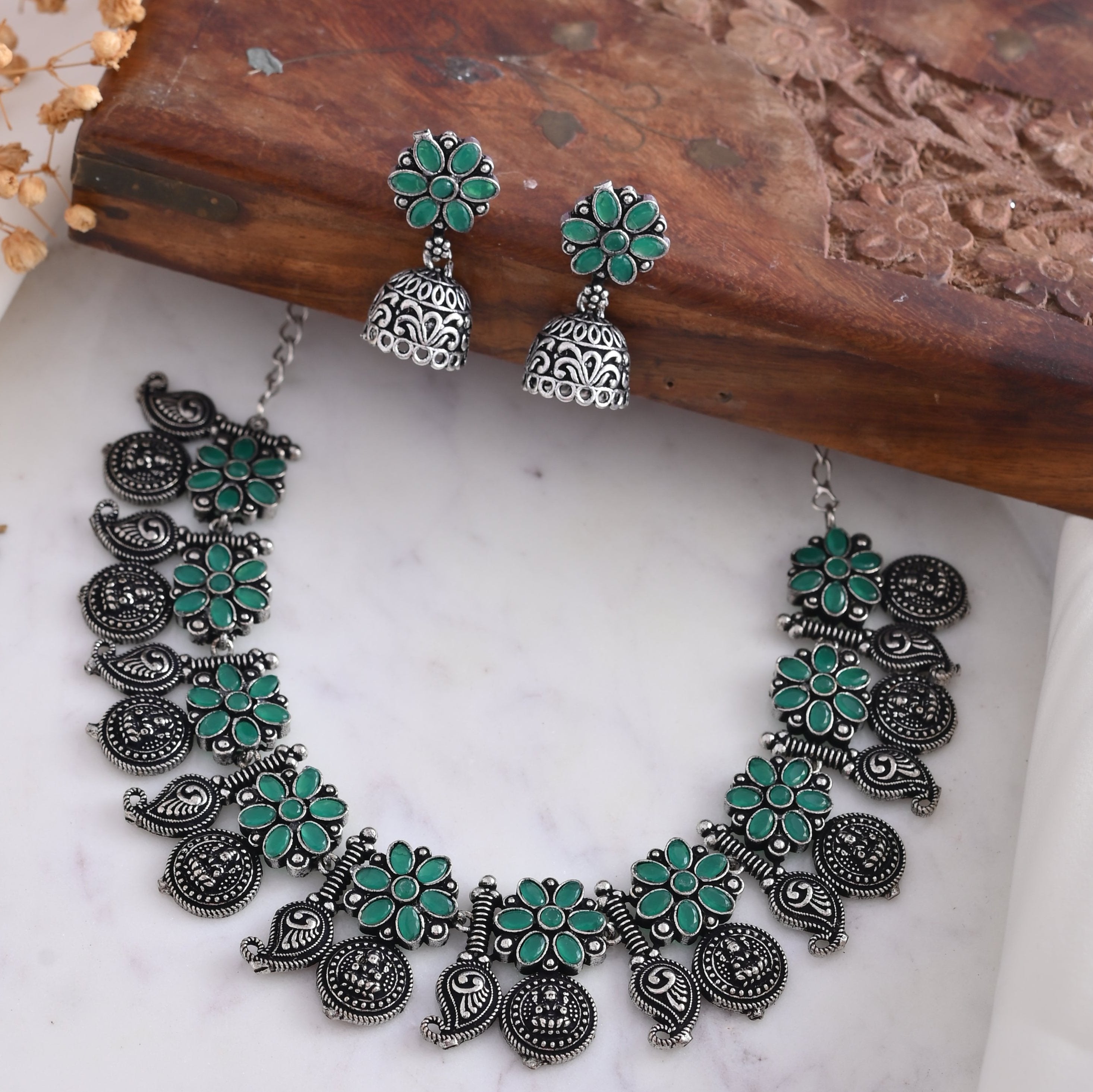 Vibrant Veils Oxidised Hand Made Silver Replica Nack Set with Jhumki