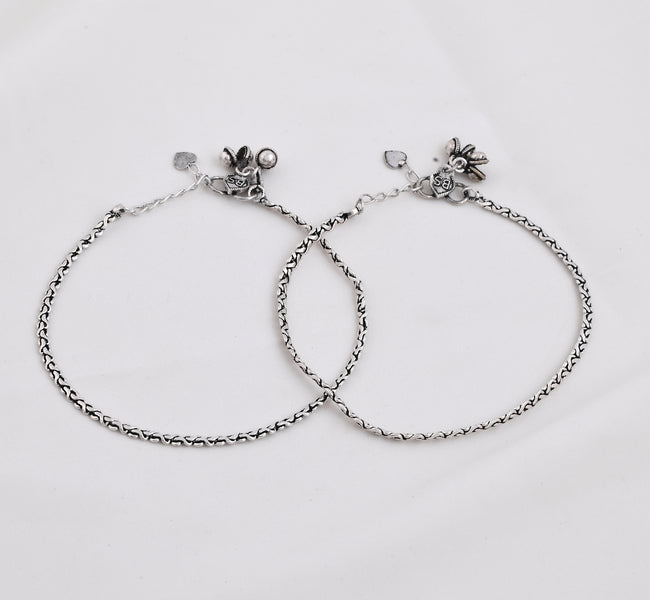 Vibrant Veils Silver Replica Oxidised Anklets with Sophesticated Old Design