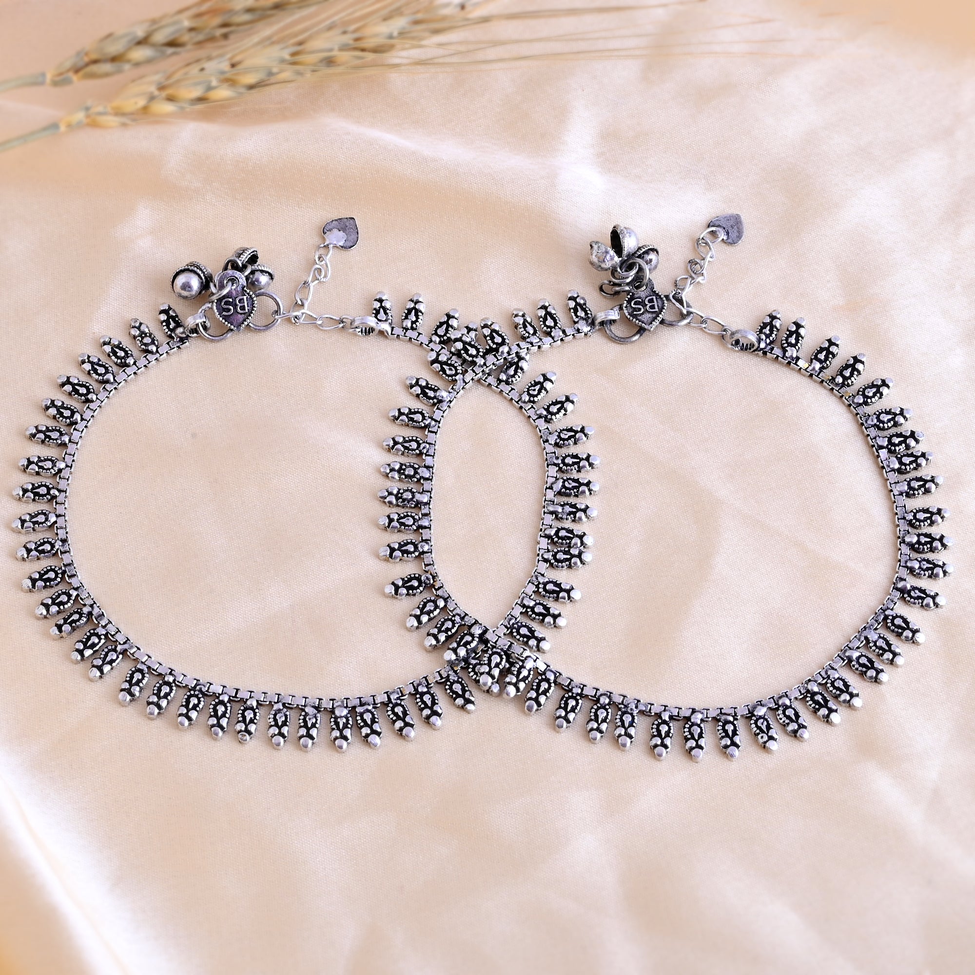 Vibrant Veils Silver Replica Oxidised Antique Anklets