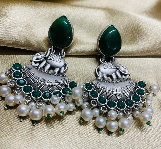 Vibrant Veils Elephant-shaped charm, A cluster of green beads and white pearls dangling Earing