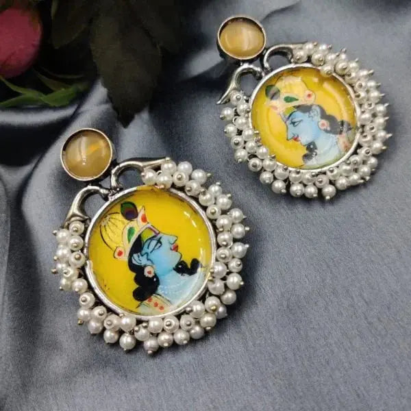 Hand-Painted Oxidised Handmade Monalisa Stone Work Earrings - VibrantVeils