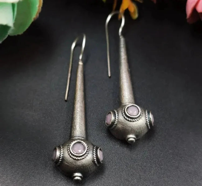 Antique Silver Replica Oxidised Drop Design Tribal Handcrafted Hook Earrings Vibrant Veils Inc