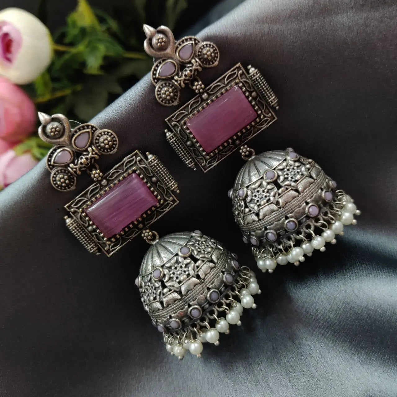 Unique Silver Replica Oxidised Jambo Jhumka With Monalisa Stones - VibrantVeils Vibrant Veils Inc