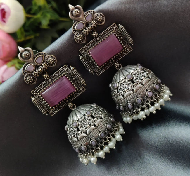 Unique Silver Replica Oxidised Jambo Jhumka With Monalisa Stones - VibrantVeils Vibrant Veils Inc