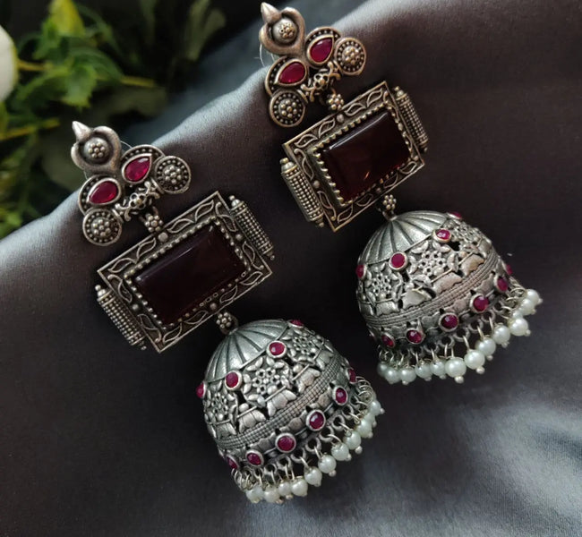 Unique Silver Replica Oxidised Jambo Jhumka With Monalisa Stones - VibrantVeils Vibrant Veils Inc