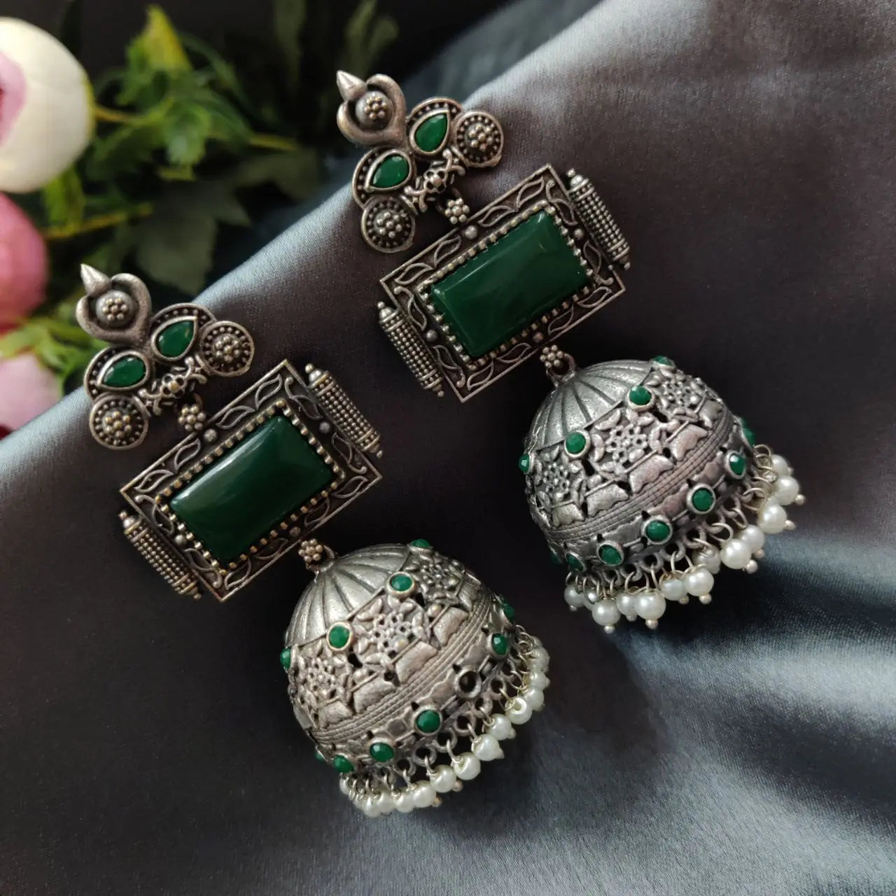 Unique Silver Replica Oxidised Jambo Jhumka With Monalisa Stones - VibrantVeils Vibrant Veils Inc