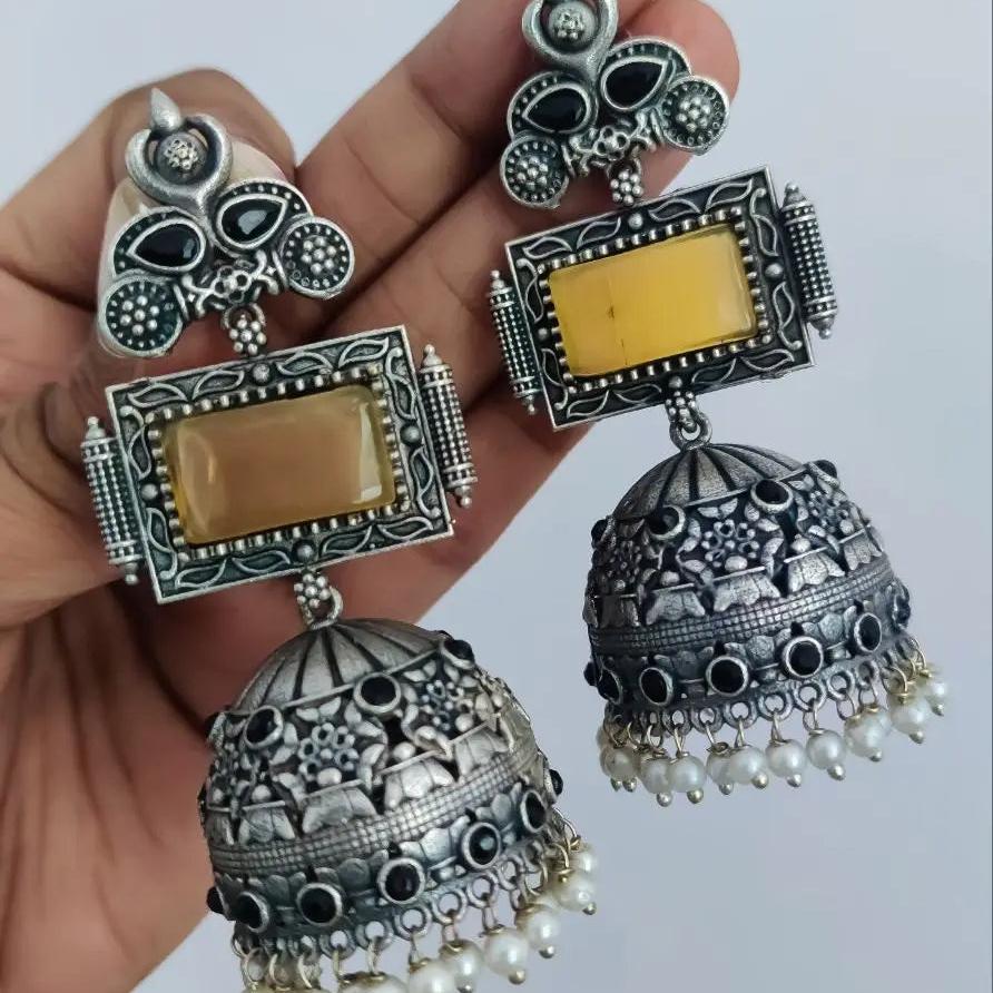 Unique Silver Replica Oxidised Jambo Jhumka With Monalisa Stones - VibrantVeils Vibrant Veils Inc