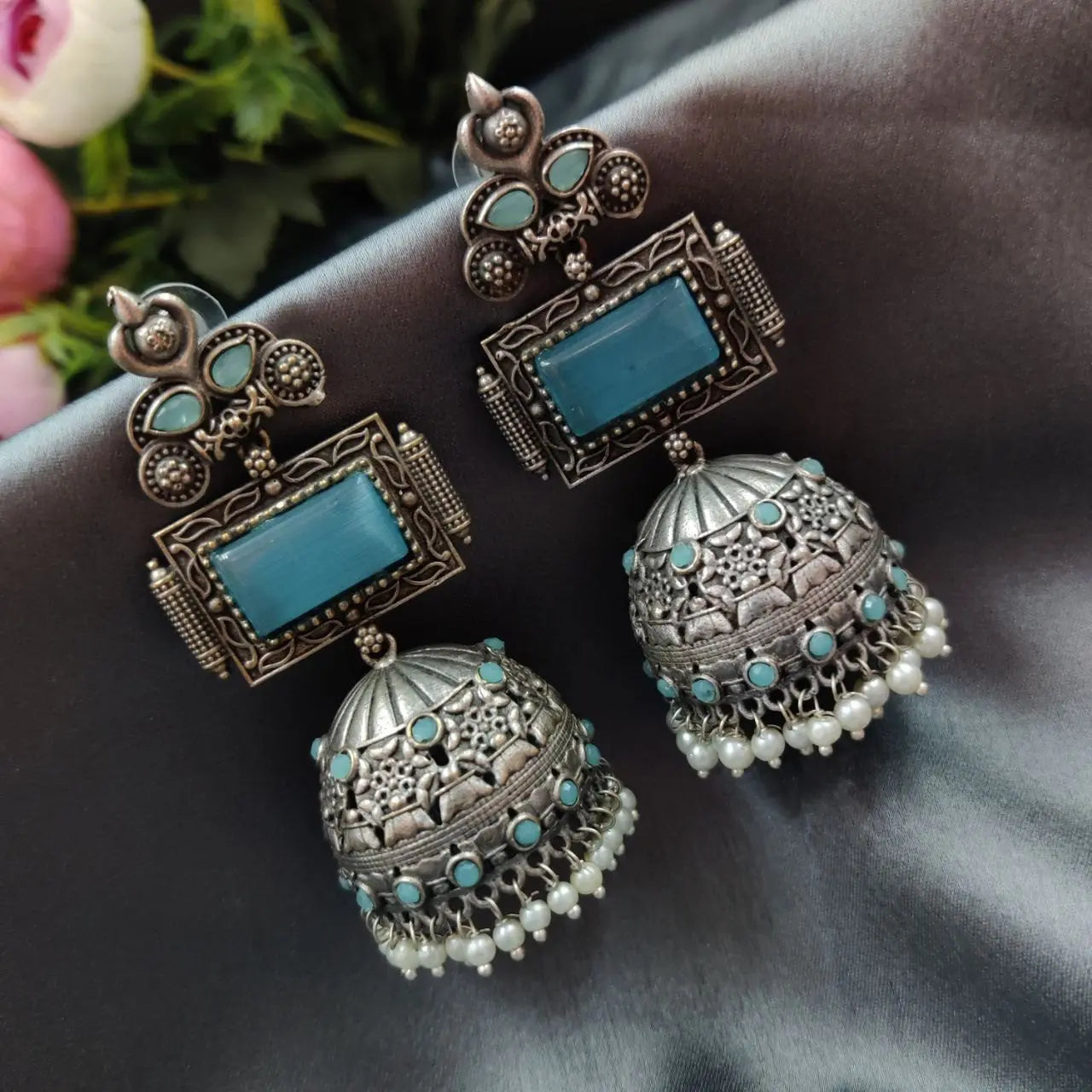 Unique Silver Replica Oxidised Jambo Jhumka With Monalisa Stones - VibrantVeils Vibrant Veils Inc