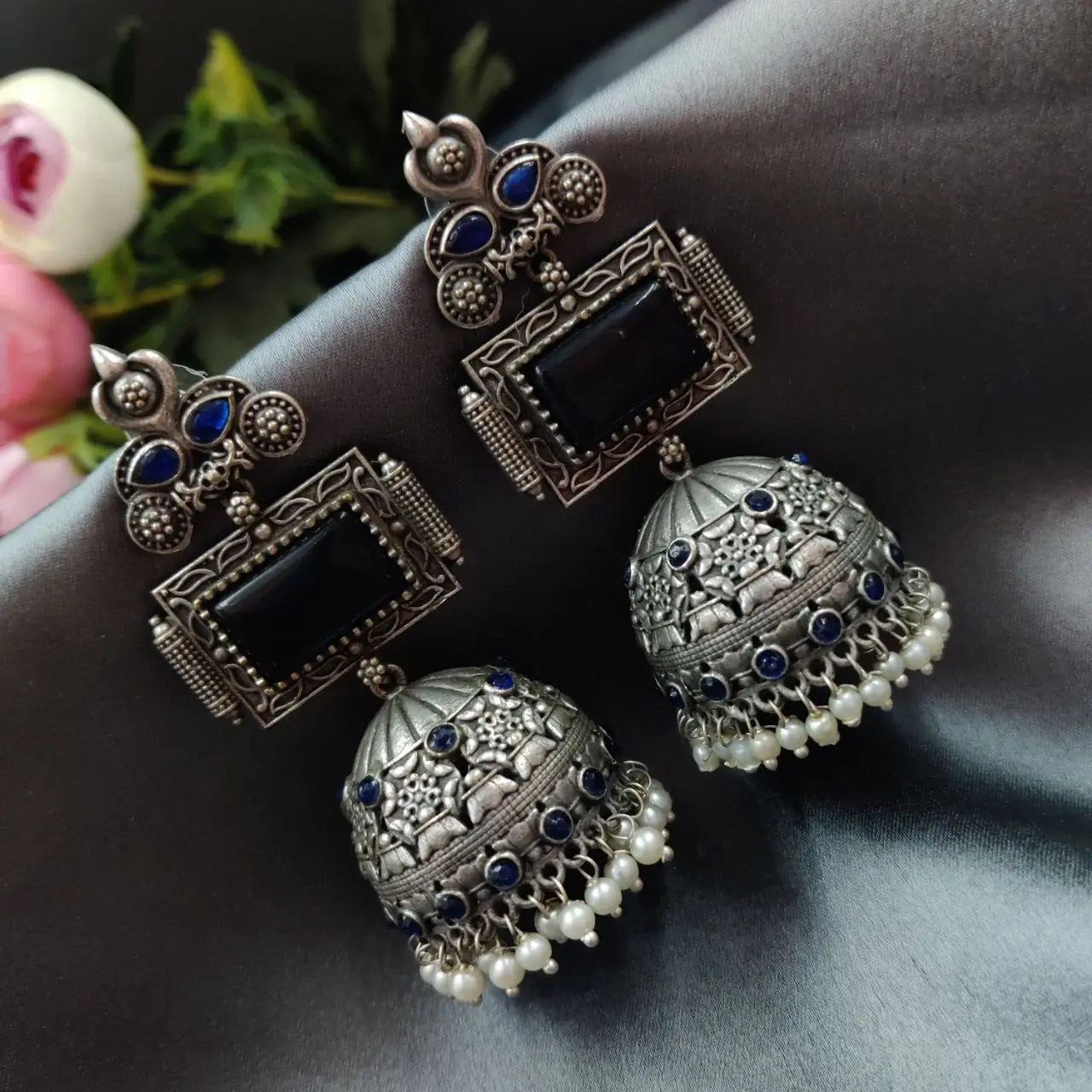 Unique Silver Replica Oxidised Jambo Jhumka With Monalisa Stones - VibrantVeils Vibrant Veils Inc