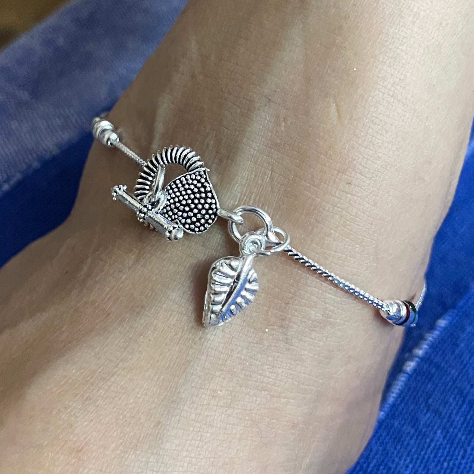 VIBRANT VEILS Oxidised Silver Designer Anklet with Intricate Charm