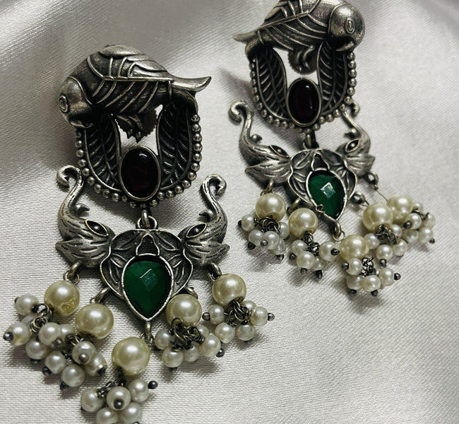 Vibrant Veils Parrot and Elephant Design Jhumka Earing