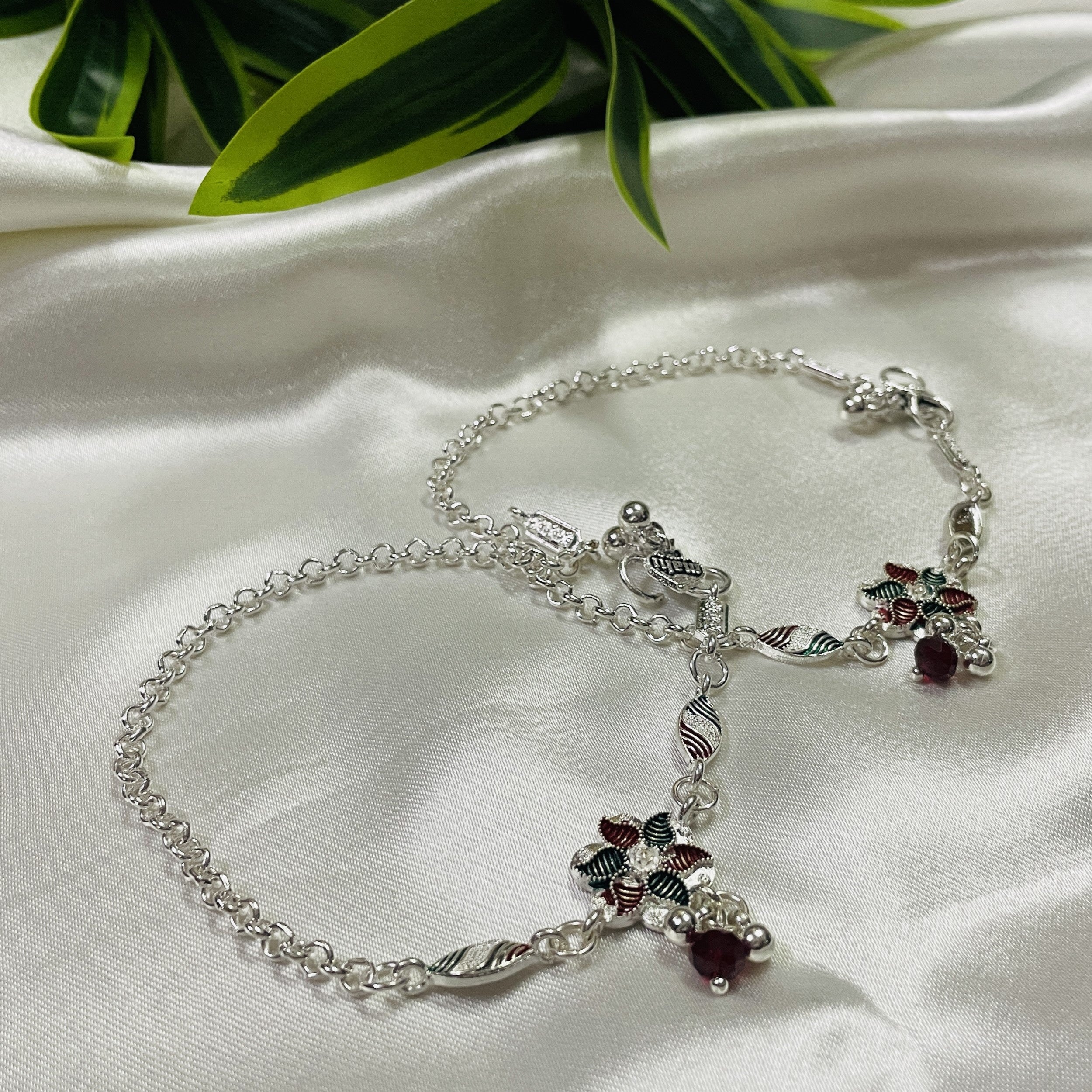 Vibrant Veils Handcrafted Silver Replica floral design Anklets