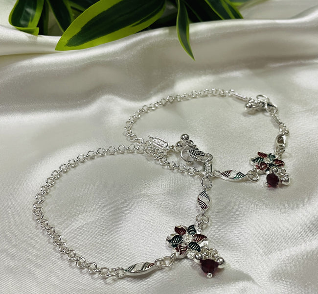 Vibrant Veils Handcrafted Silver Replica floral design Anklets