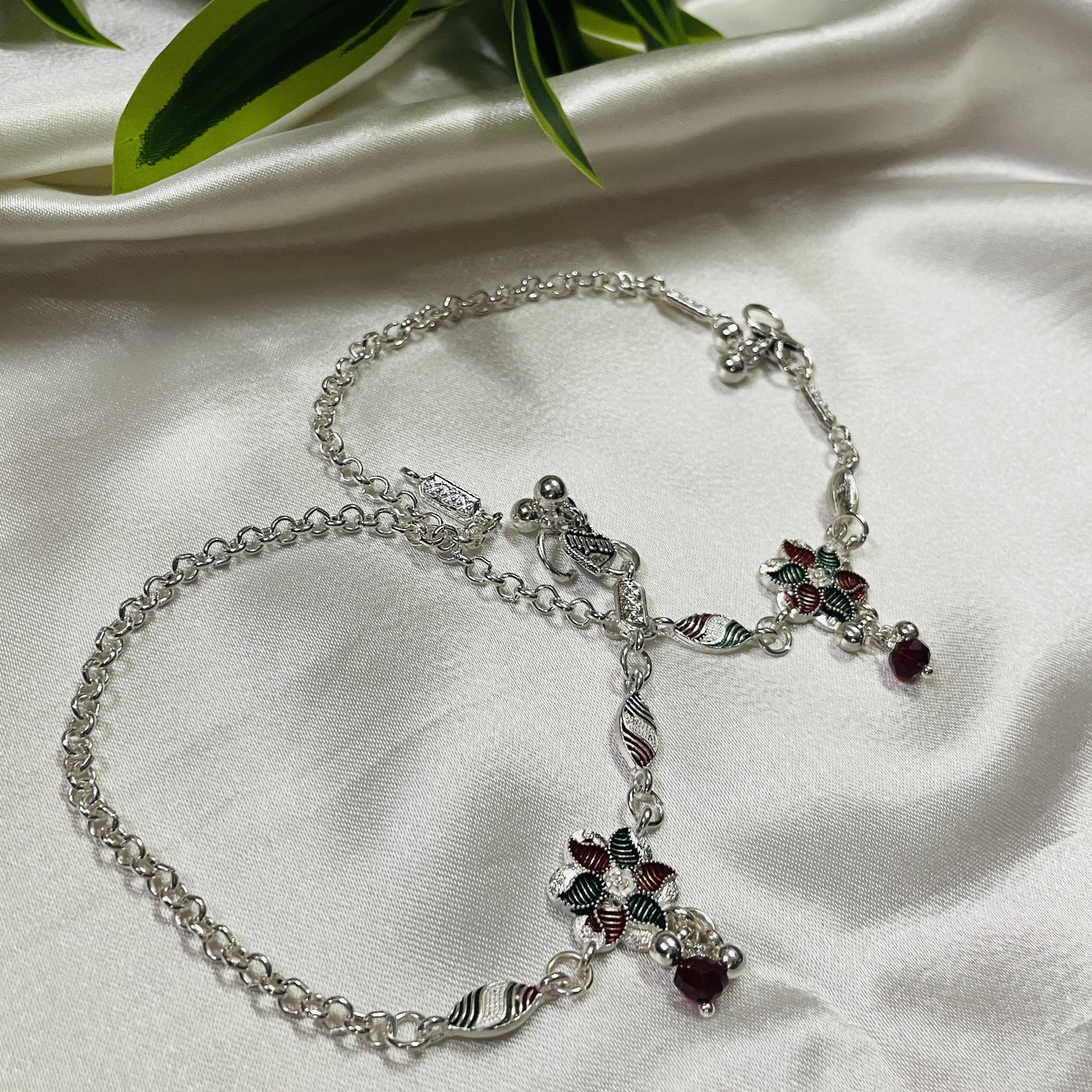 Vibrant Veils Handcrafted Silver Replica floral design Anklets