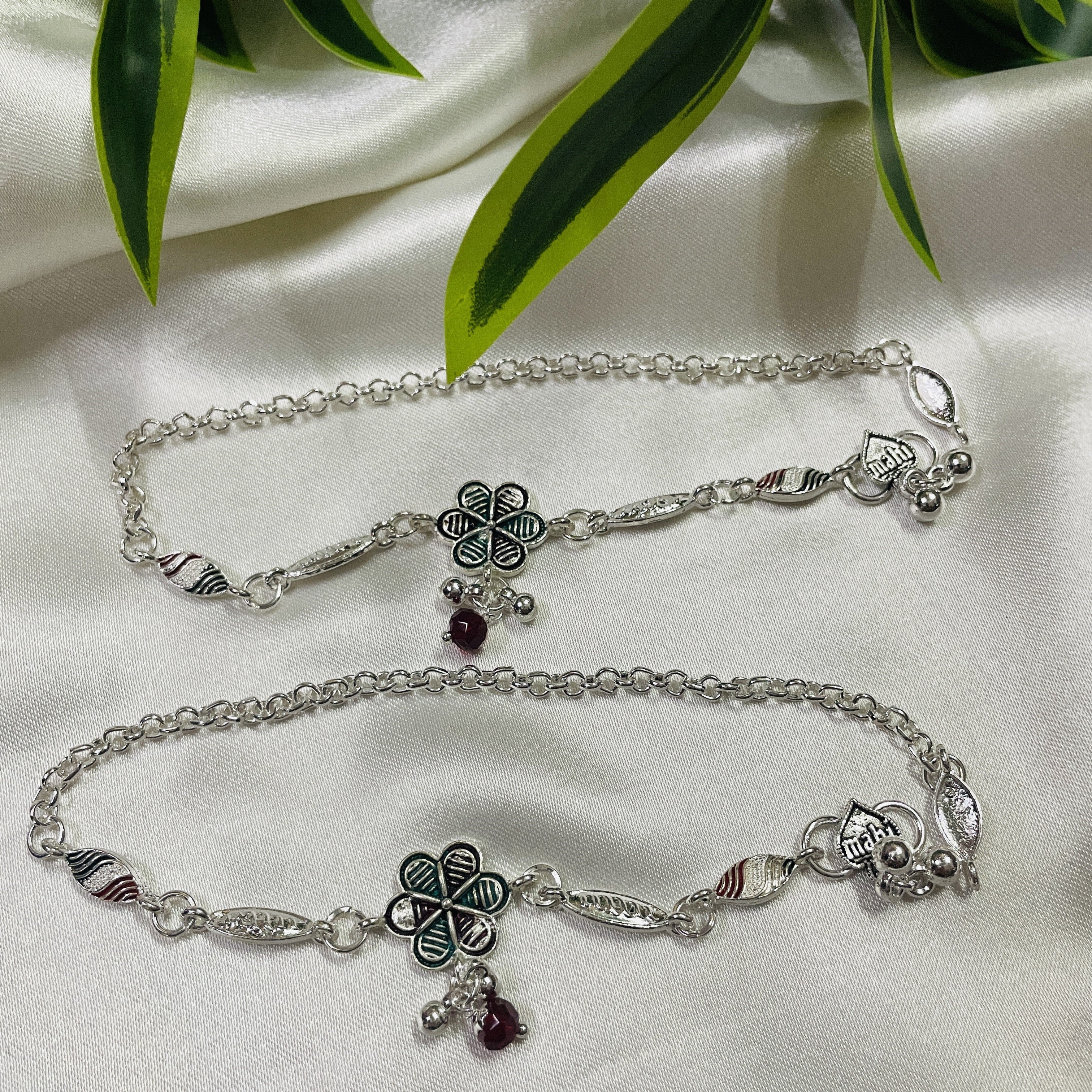 Vibrant Veils Handcrafted Silver Replica floral design Anklets