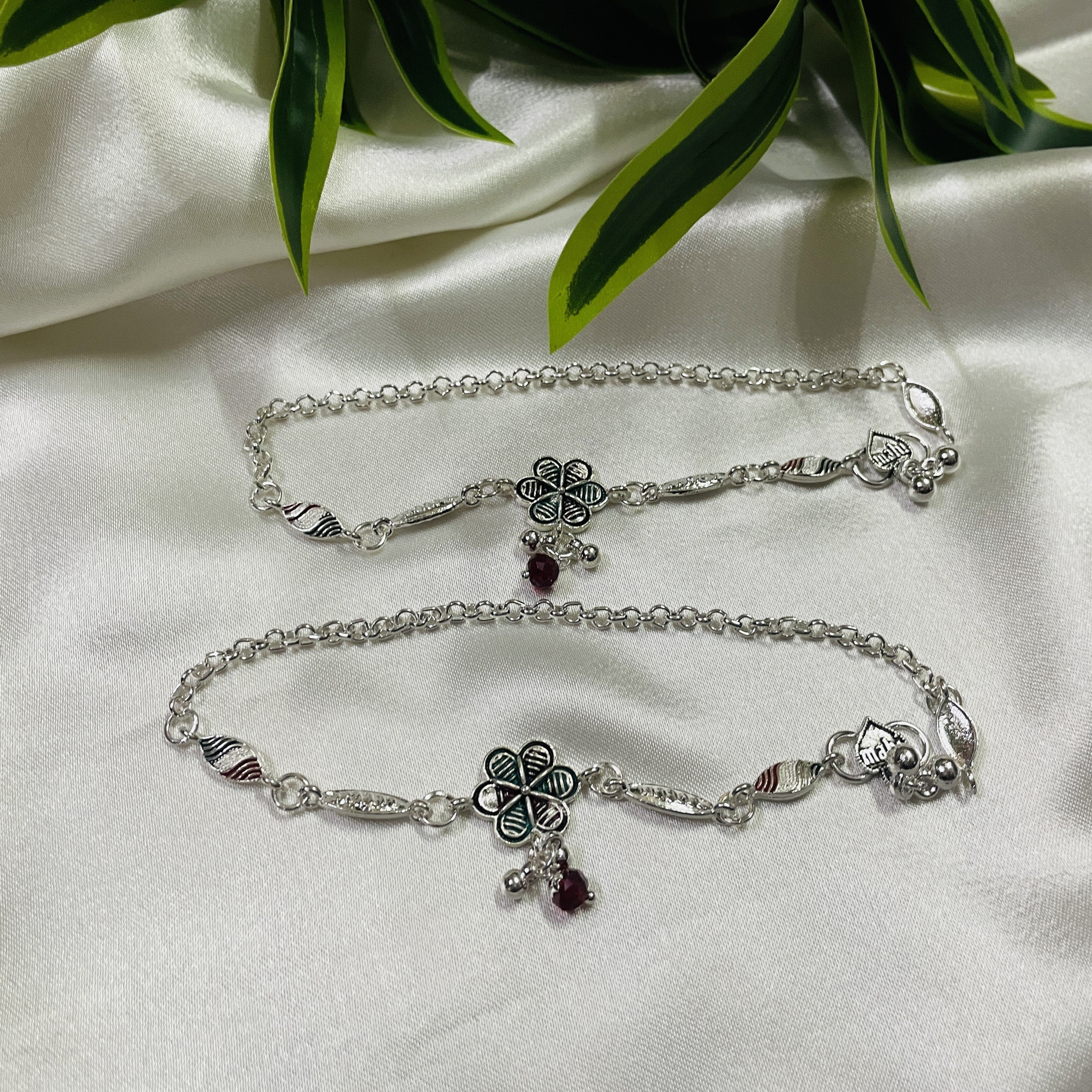 Vibrant Veils Handcrafted Silver Replica floral design Anklets