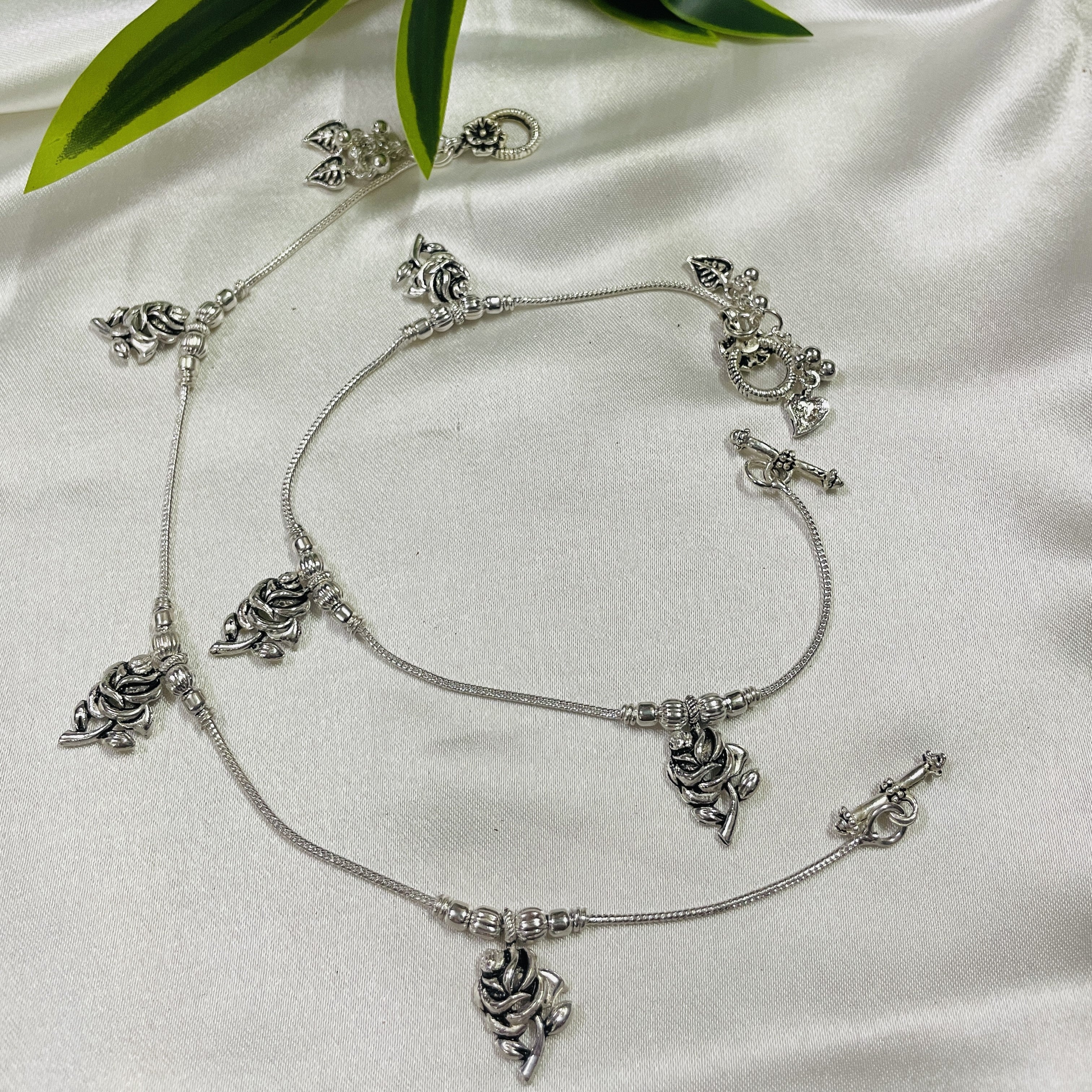 Vibrant Veils Silver Replica Oxidised Floral art Anklets