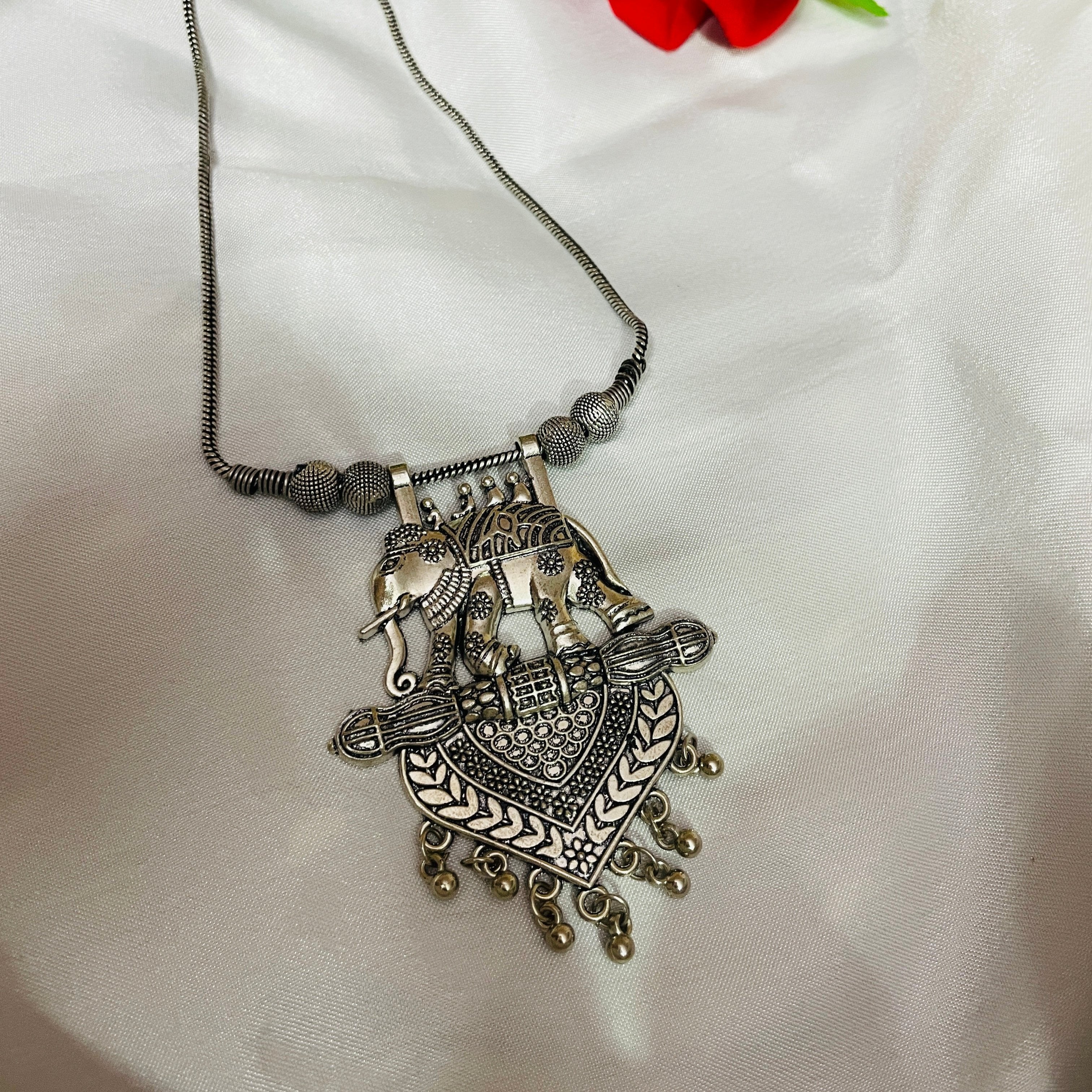 Vibrant Veils Oxidised Elephant Chain Necklace With Jhumka