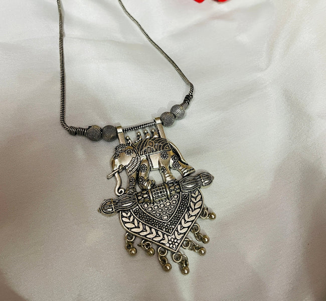 Vibrant Veils Oxidised Elephant Chain Necklace With Jhumka