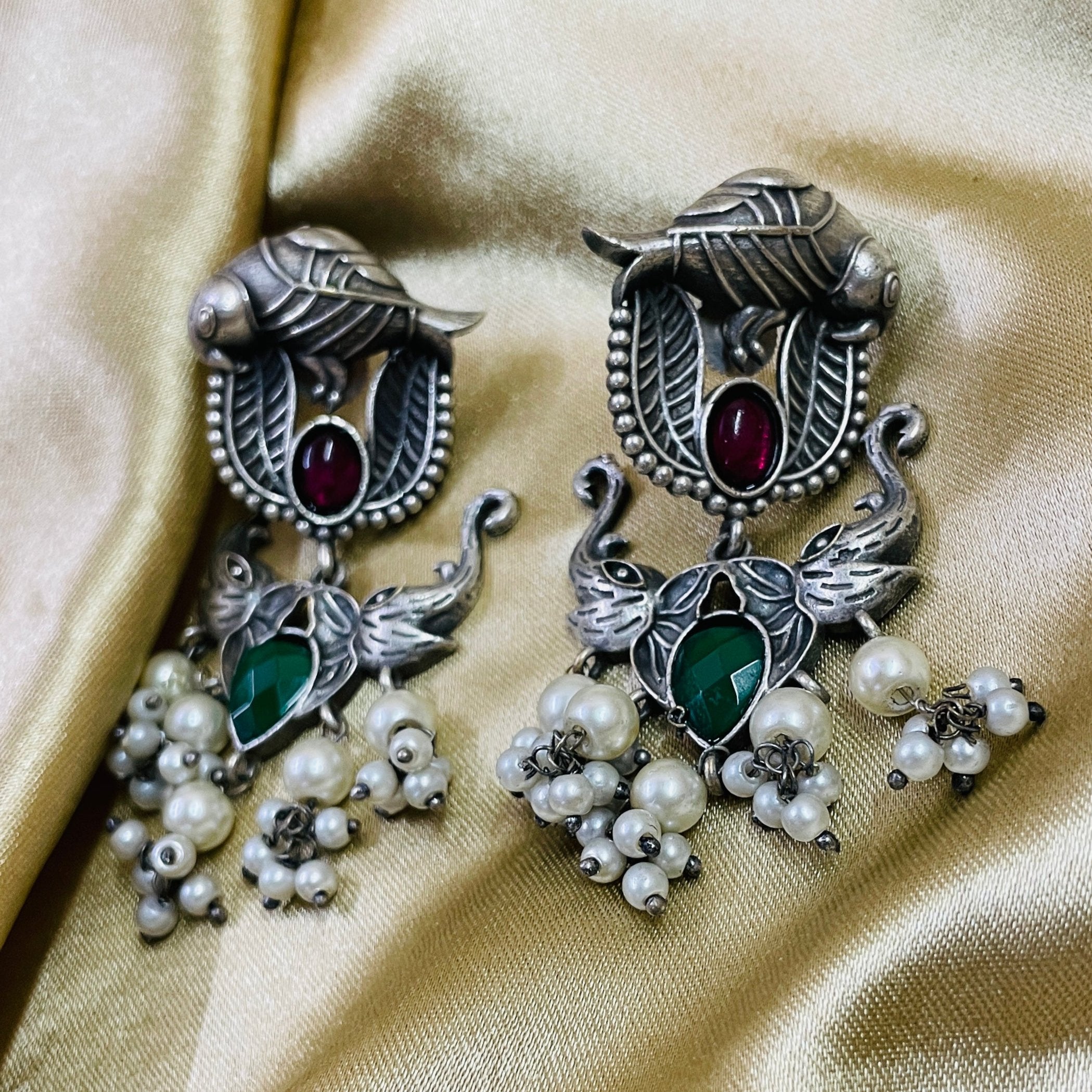 Vibrant Veils Parrot and Elephant Design Jhumka Earing