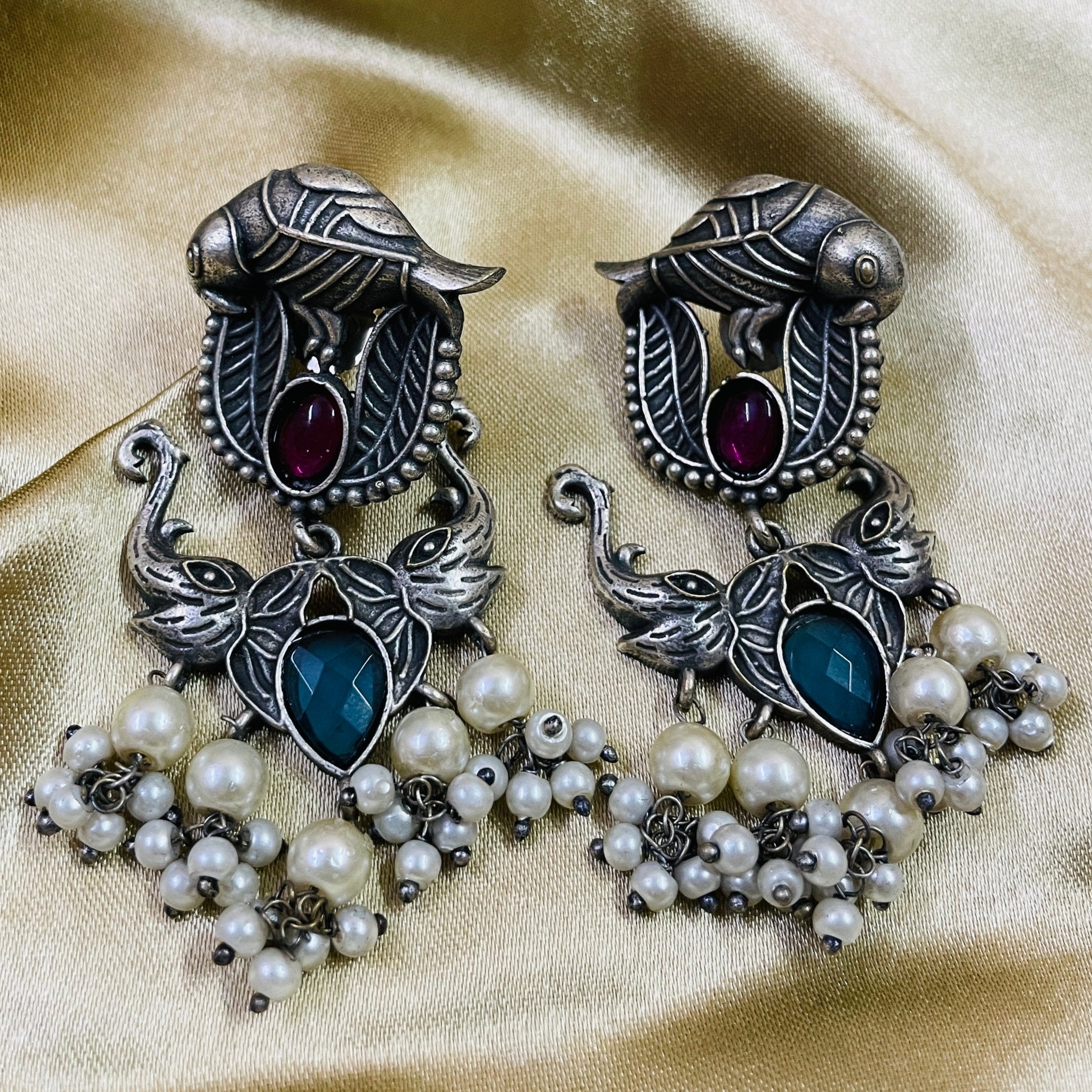 Vibrant Veils Parrot and Elephant Design Jhumka Earing