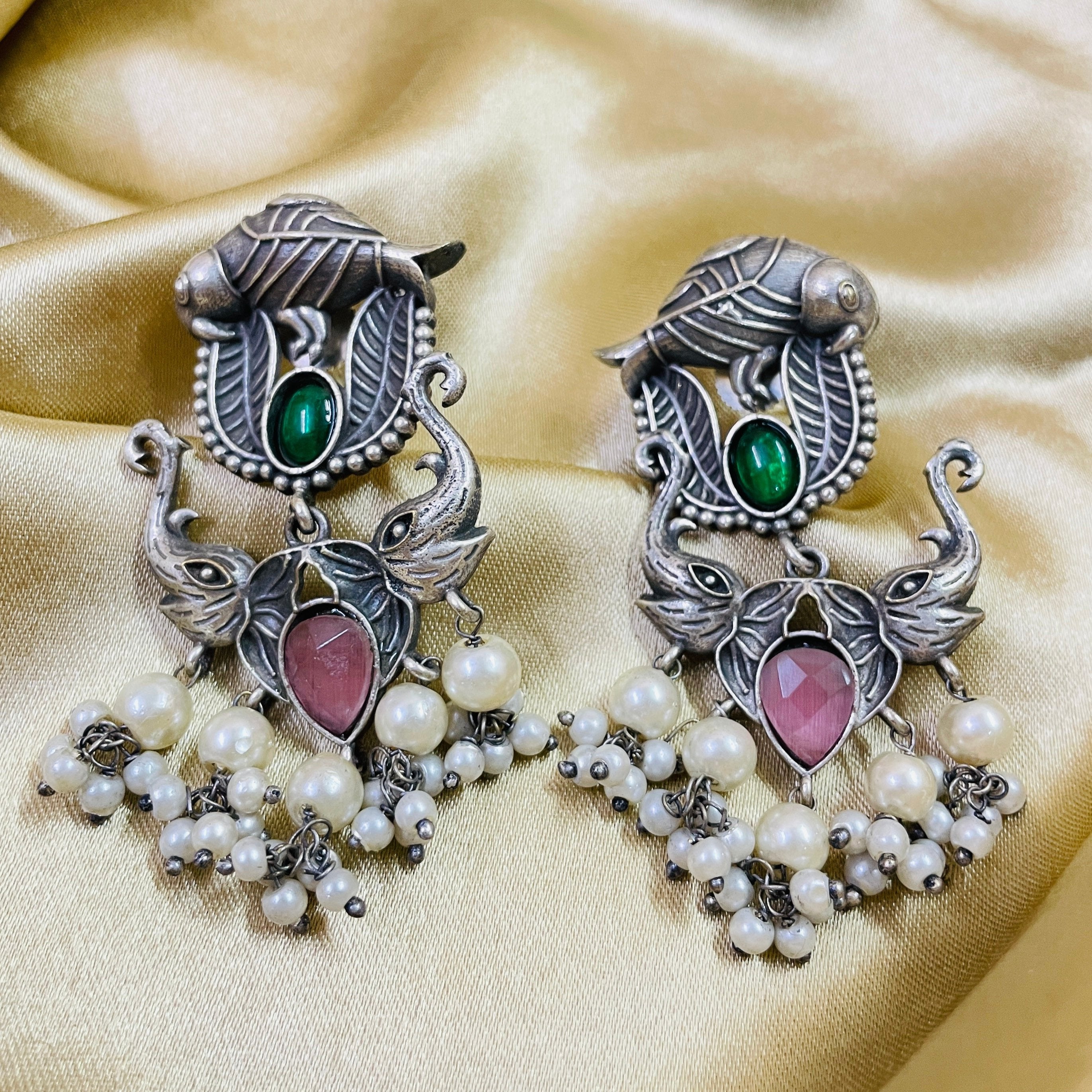 Vibrant Veils Parrot and Elephant Design Jhumka Earing