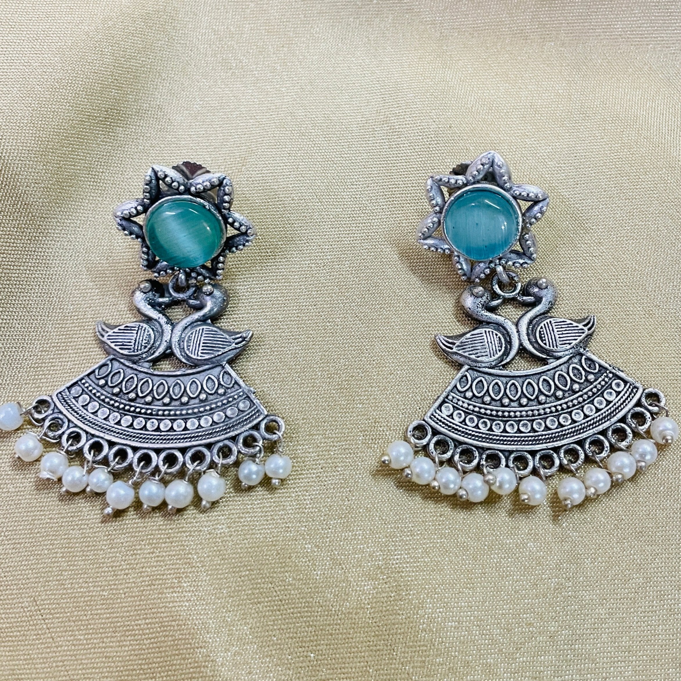 Vibrant Veils Oxidised Duck with Pearl work Earing