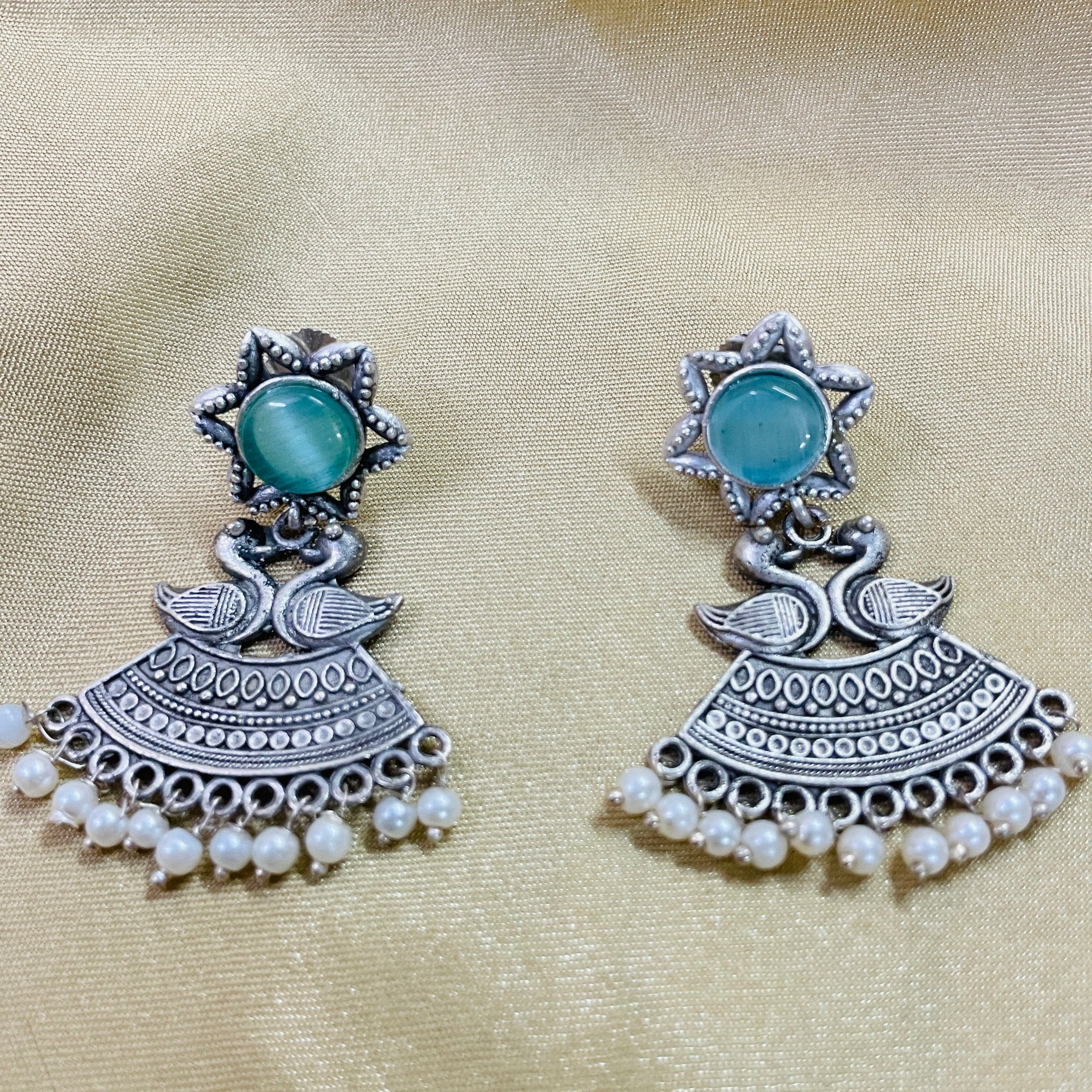 Vibrant Veils Oxidised Duck with Pearl work Earing