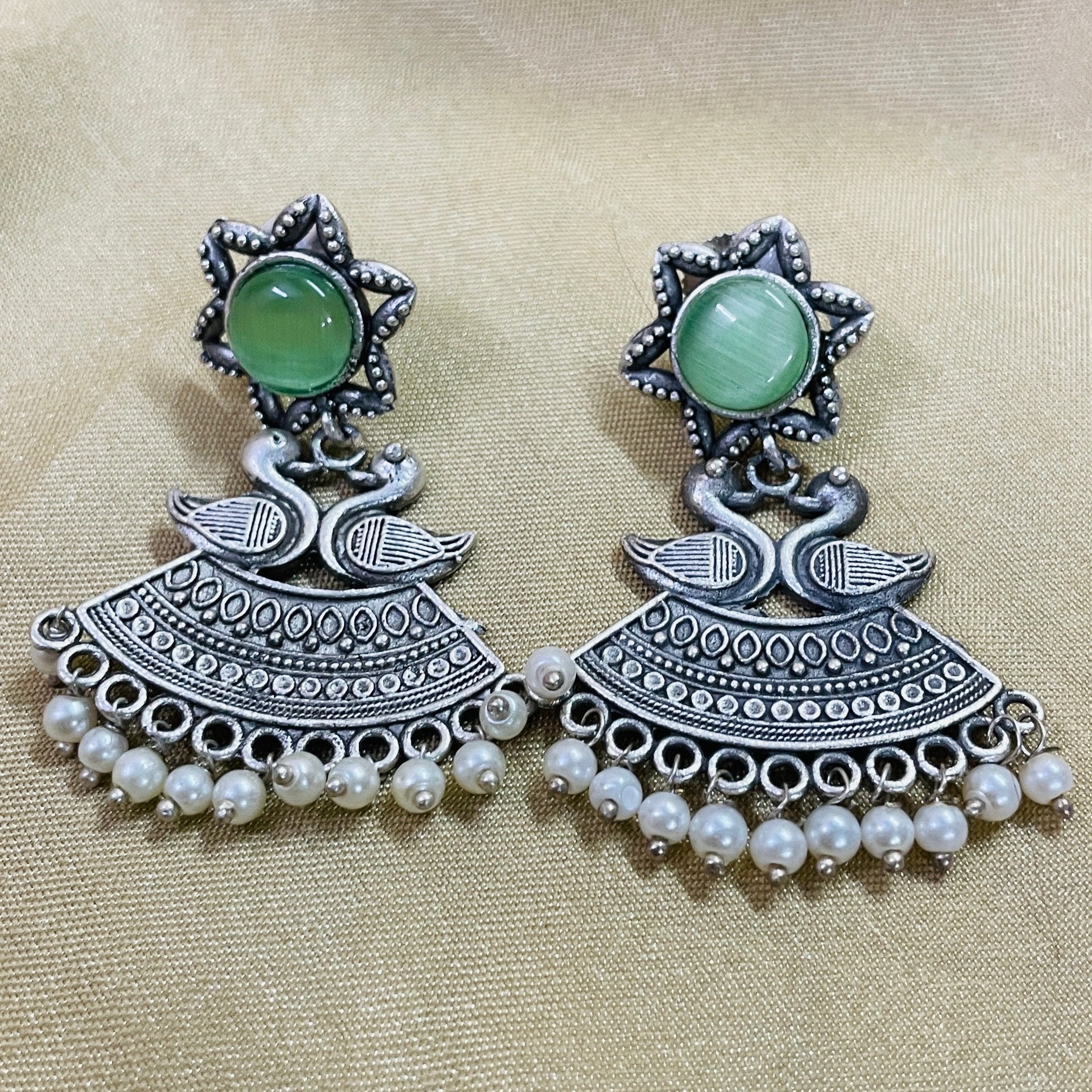 Vibrant Veils Oxidised Duck with Pearl work Earing