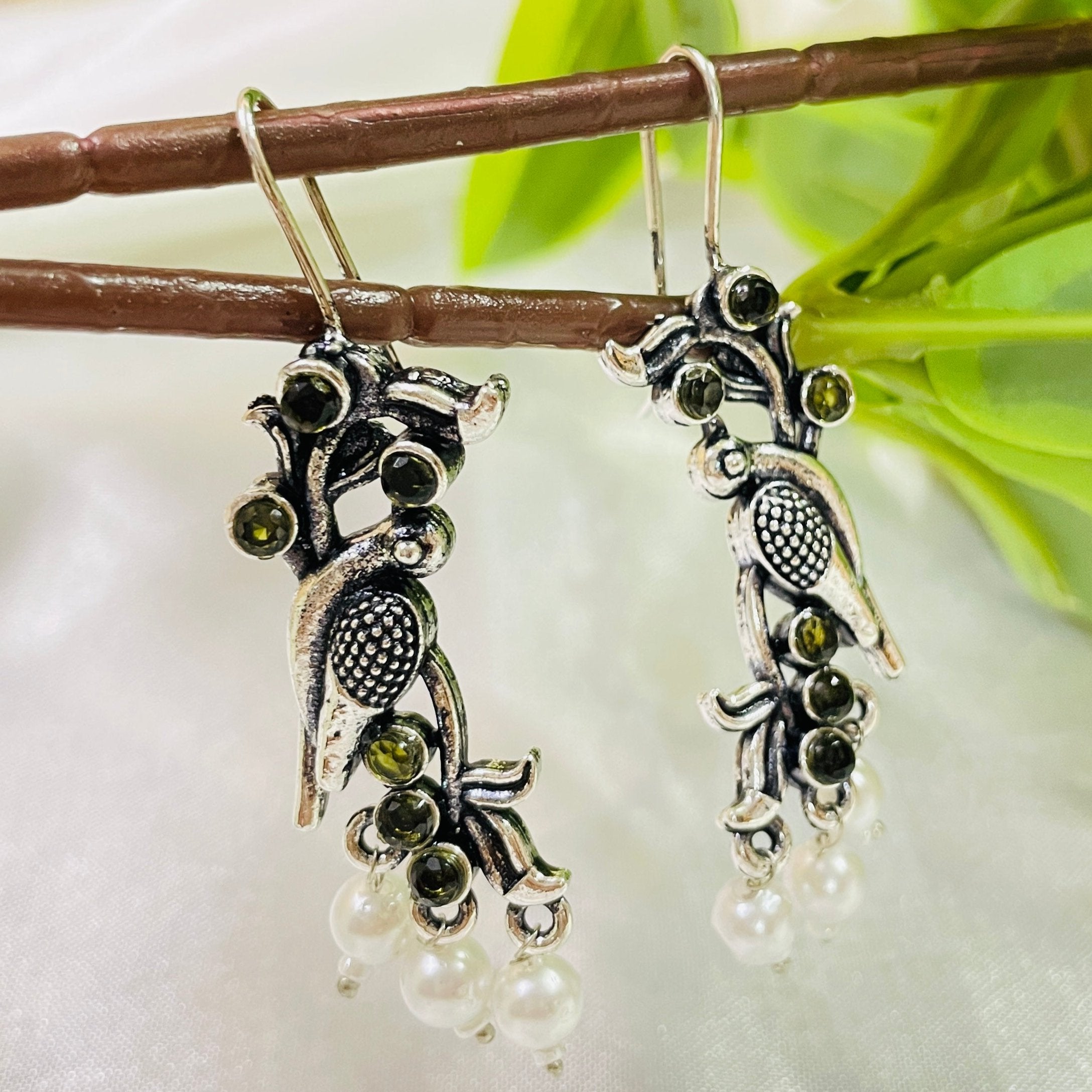 Vibrant Veils Bird Inspired Tribal Monalisa Stone Jhumki Earing