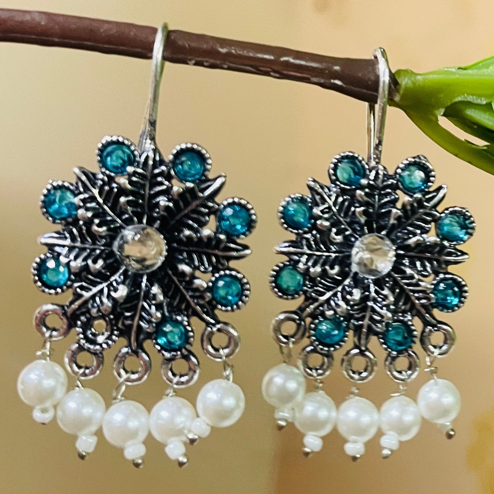 Vibrant Veils Flower Design Tribal Stone Earring