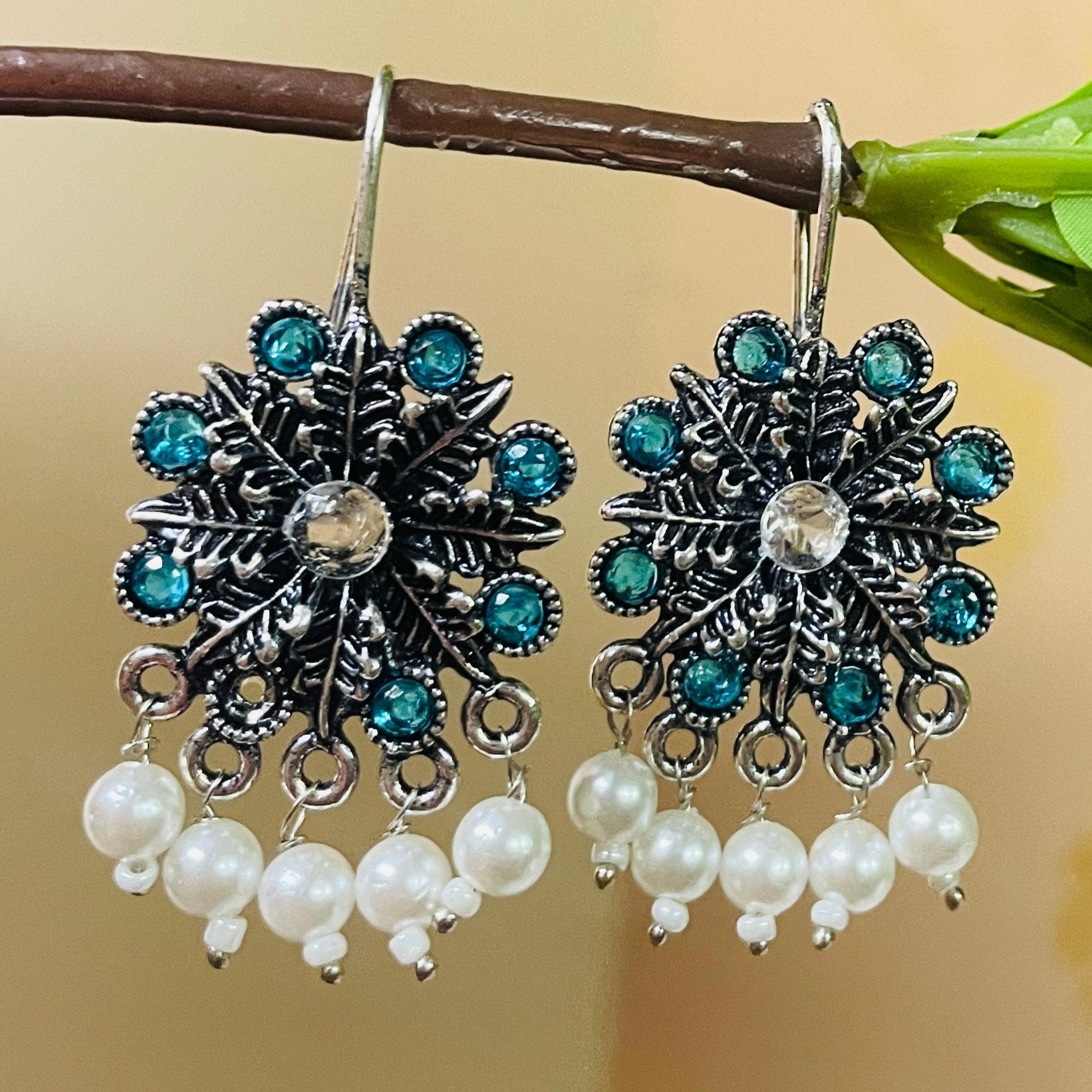 Vibrant Veils Flower Design Tribal Stone Earring