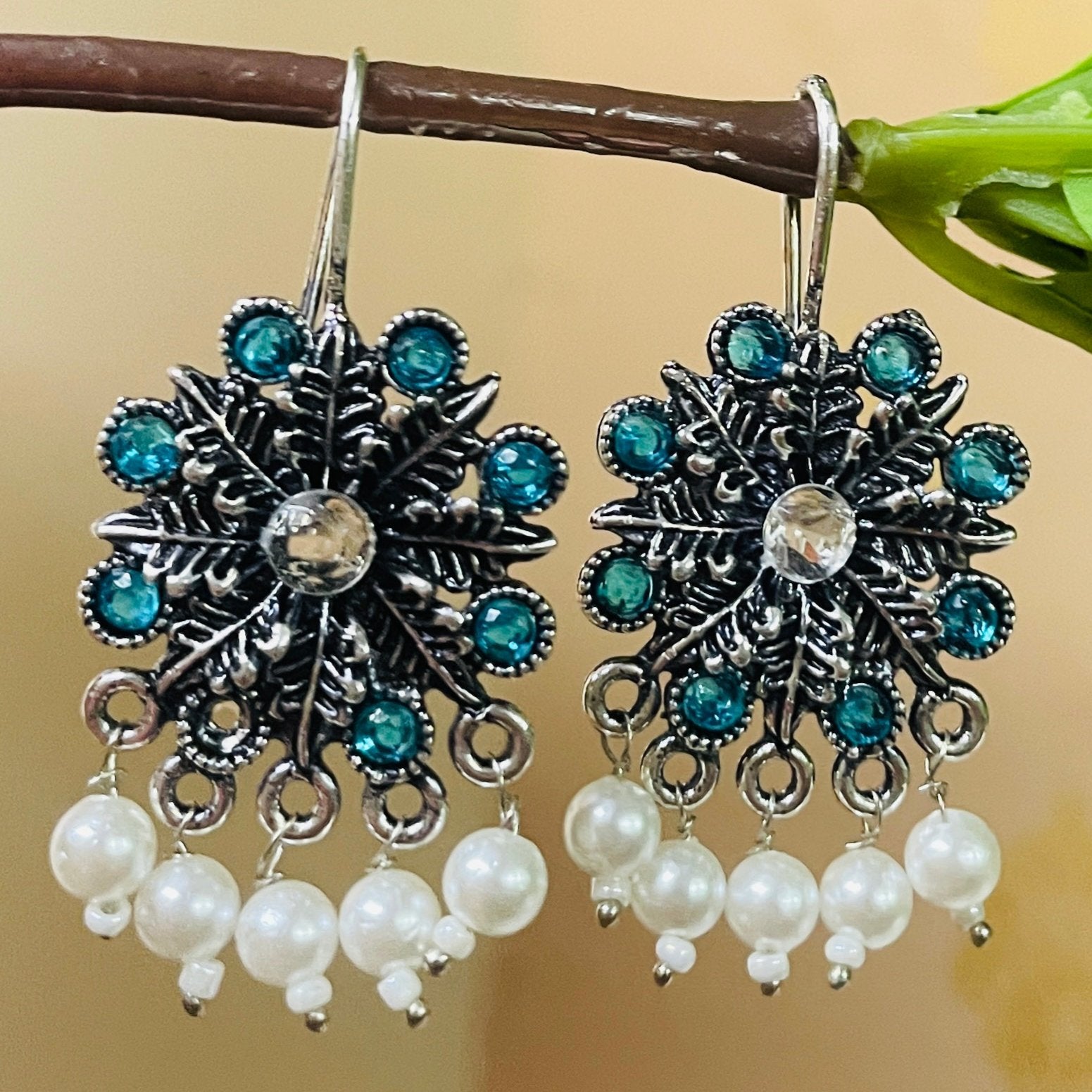 Vibrant Veils Flower Design Tribal Stone Earring