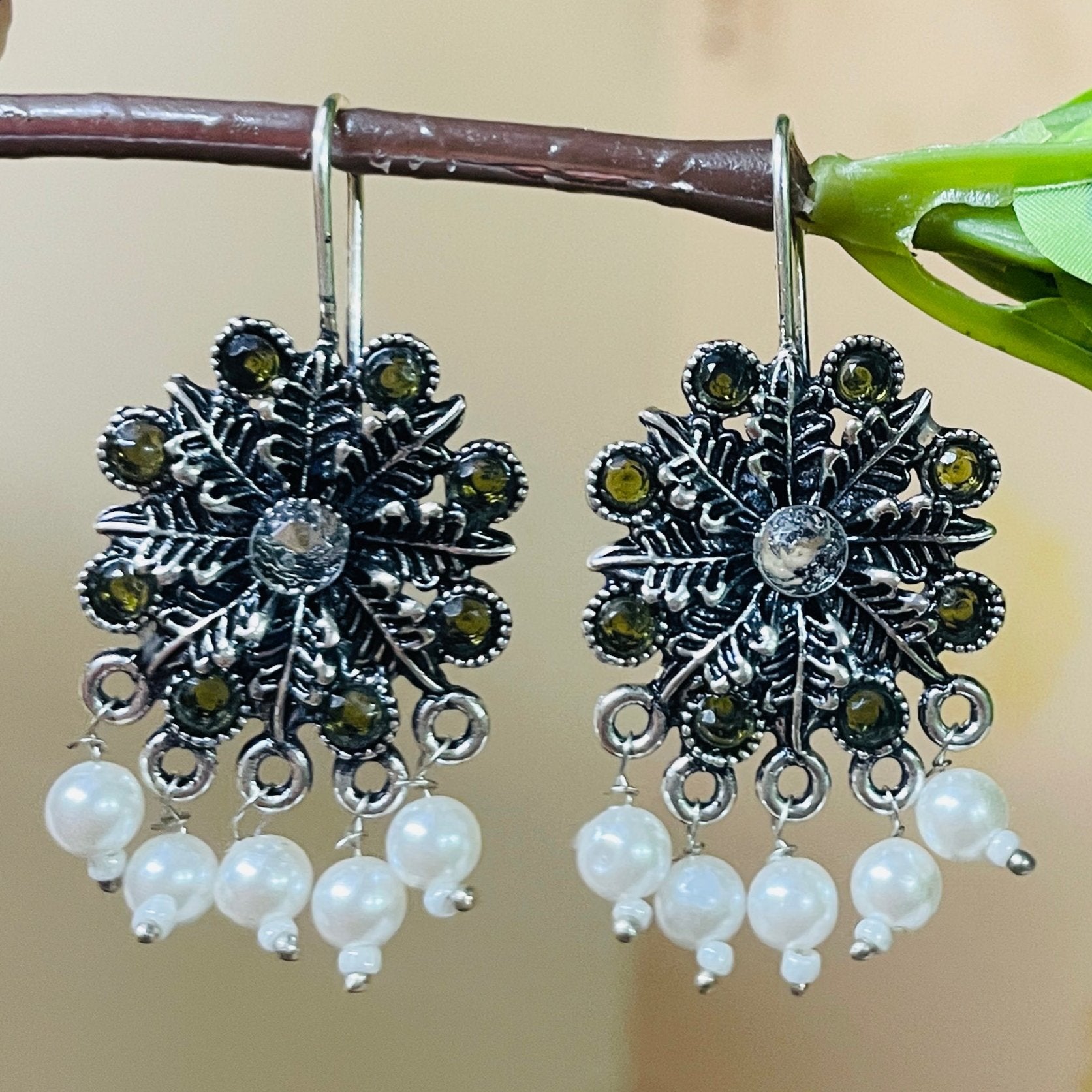 Vibrant Veils Flower Design Tribal Stone Earring