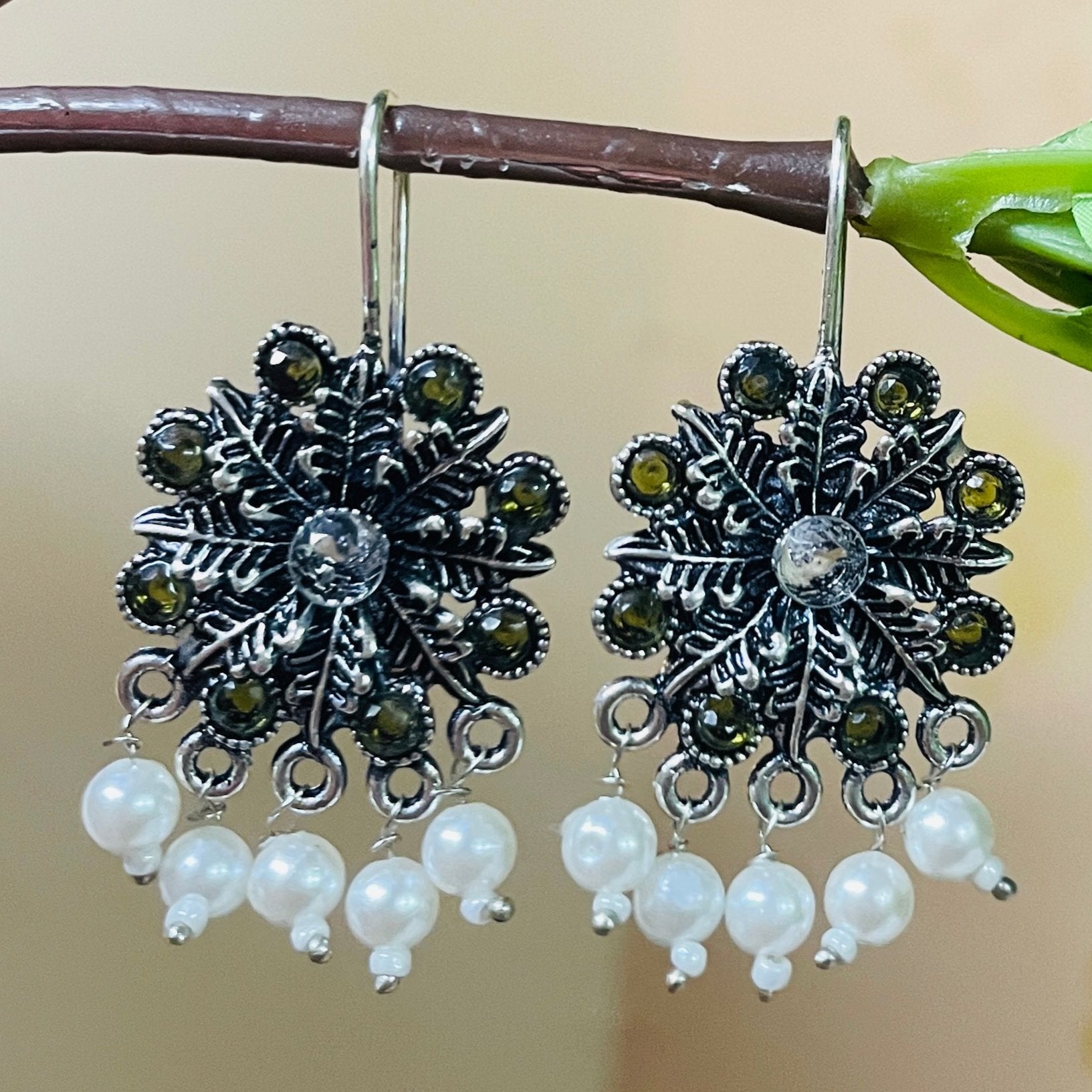 Vibrant Veils Flower Design Tribal Stone Earring