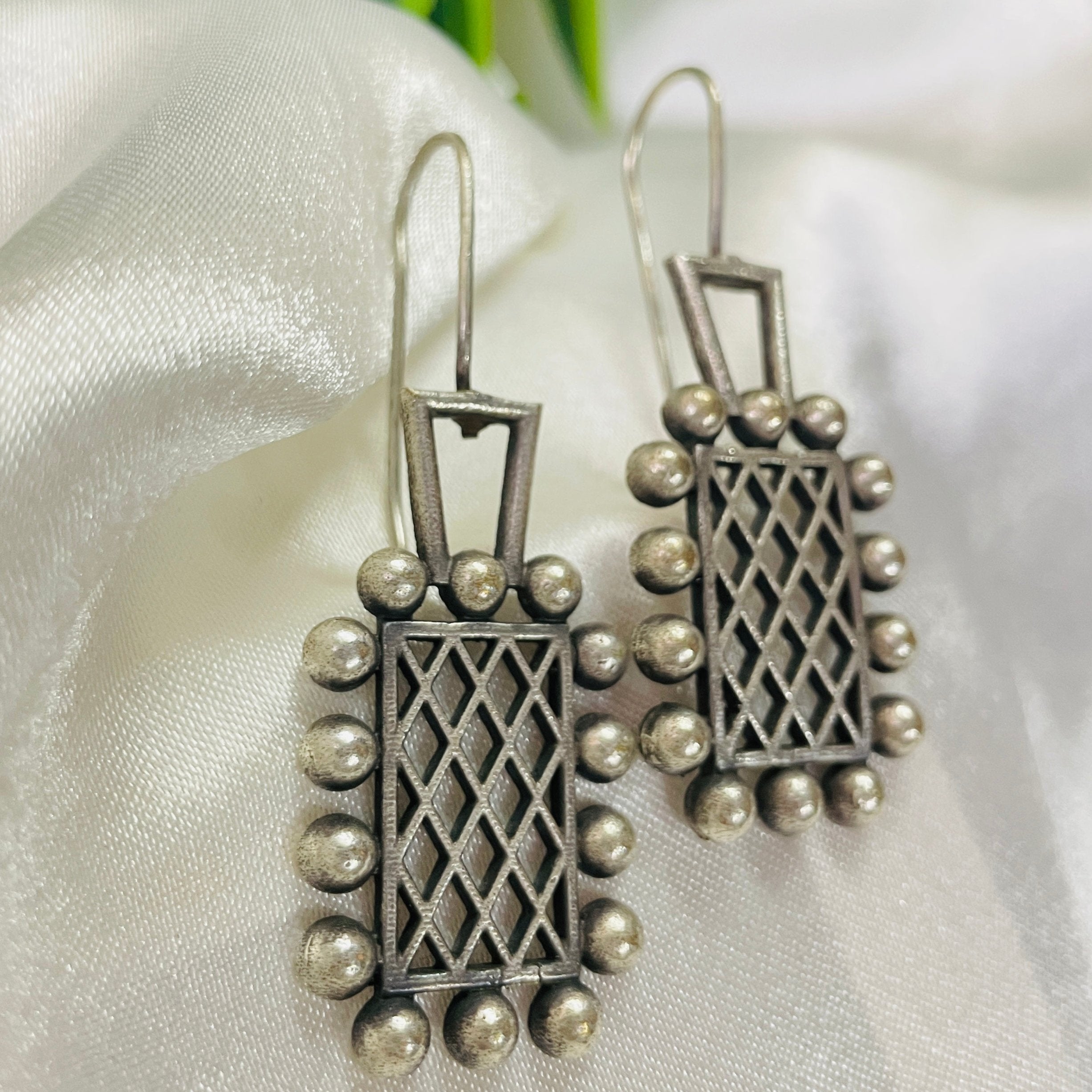 Vibrant Veils Hand Crafted Silver replica Rectangle Earings