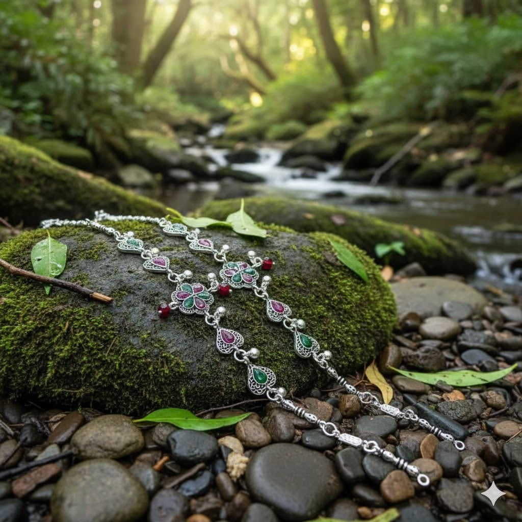 VIBRANT VEILS Filigree Floral & Heart Anklets