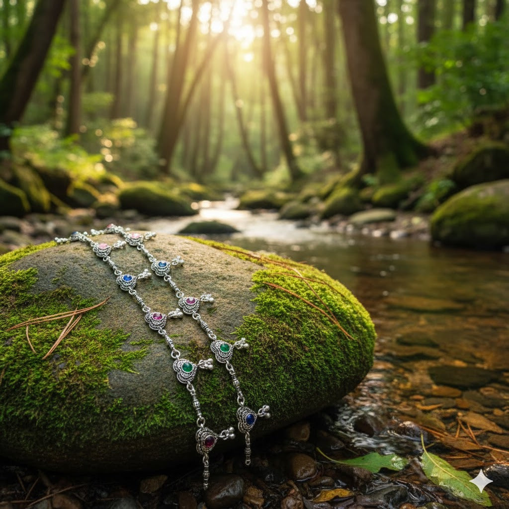 VIBRANT VEILS Multi-Stone Clover Drop Anklets